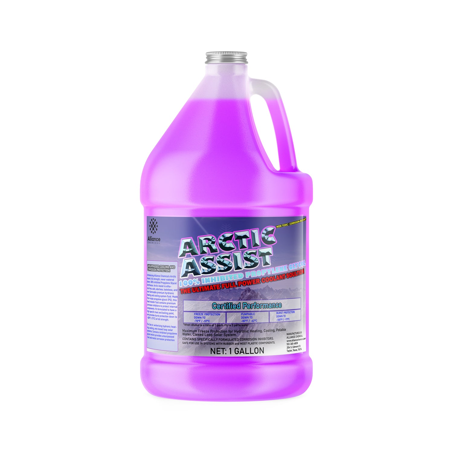 1-gallon industrial coolant Arctic Assist in purple HDPE jug - 100% inhibited propylene glycol formula with corrosion inhibitors and silver cap.