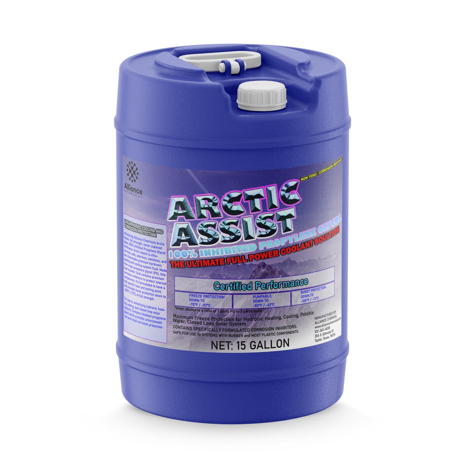 15-gallon blue HDPE drum of Arctic Assist industrial coolant solution featuring freeze protection ratings, corrosion inhibitors, and dual-port screw cap system.