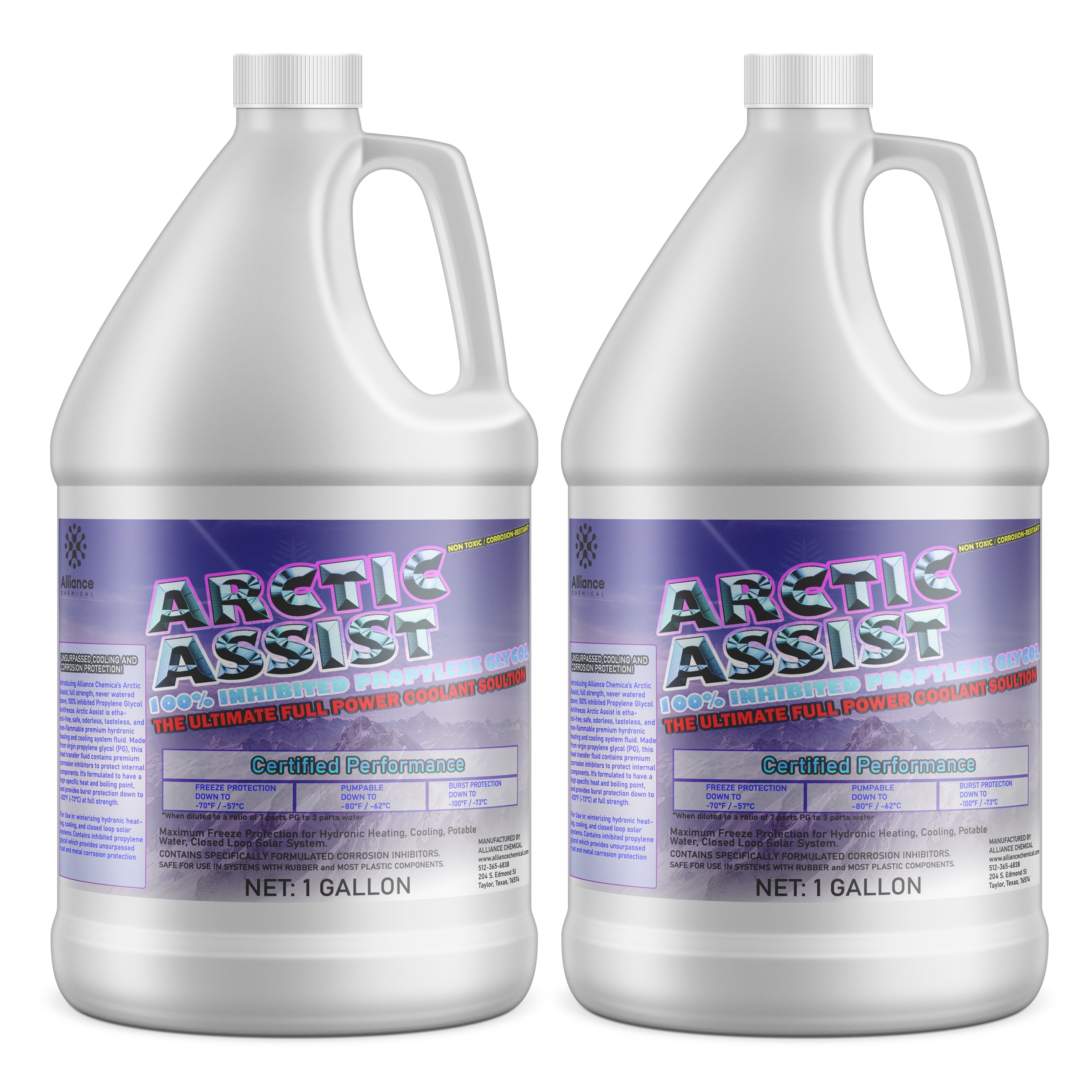 1-gallon containers of Arctic Assist industrial coolant solution, featuring purple labeling, freeze protection indicators, and corrosion inhibitor specifications for hydronic systems.