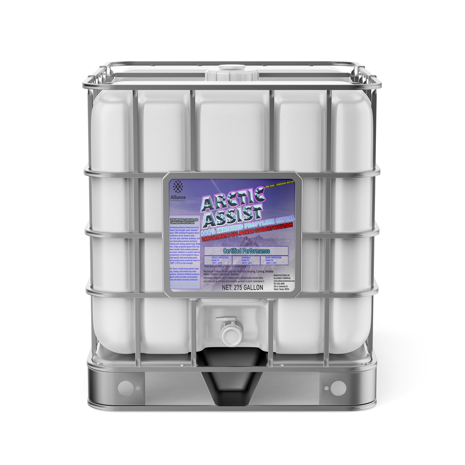 275-gallon IBC tote of Arctic Assist industrial coolant solution in white HDPE container with metal cage frame, dispensing valve, and Alliance Chemical label.