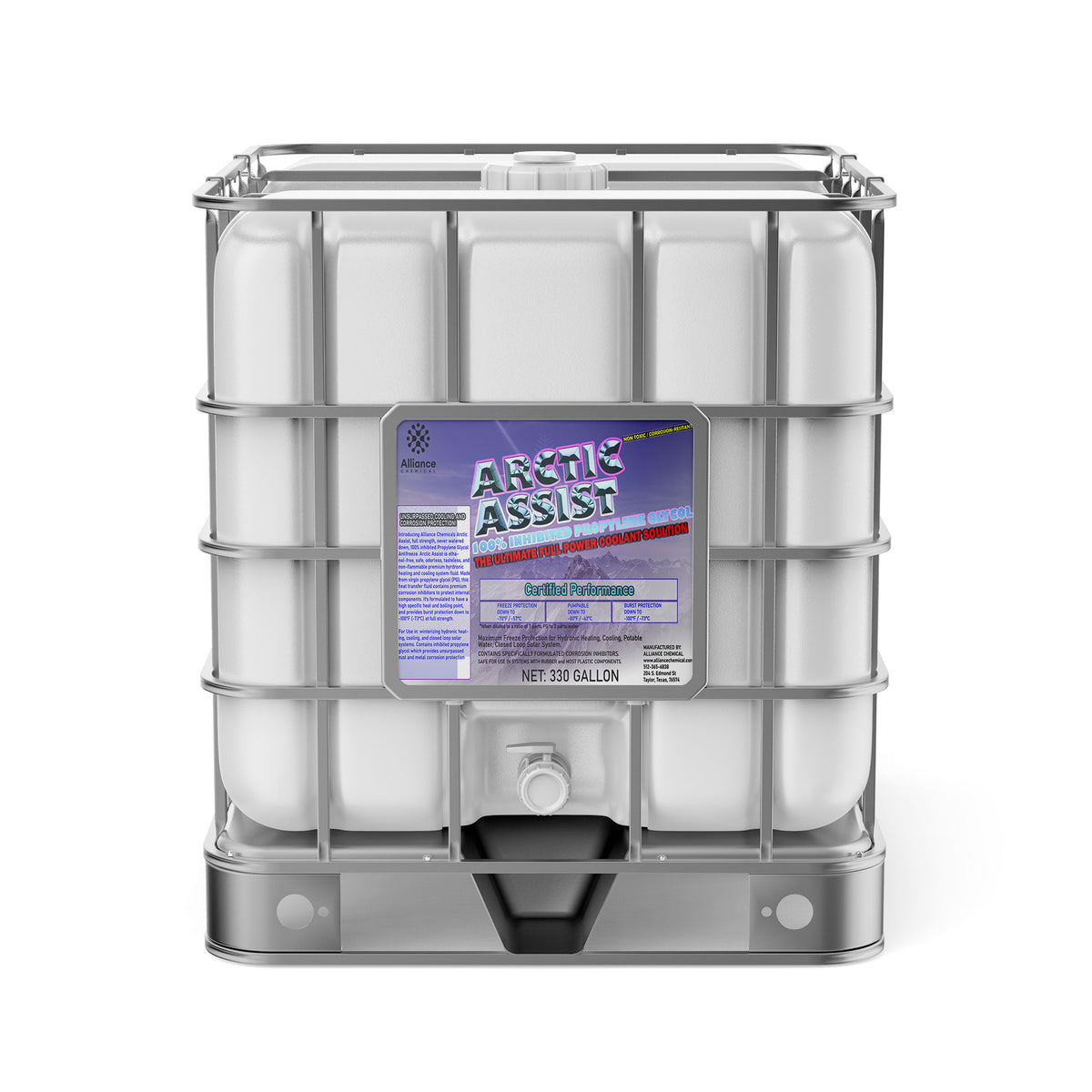 One 330-gallon Alliance Chemical Arctic Assist tote with a metal cage and a white plastic container.