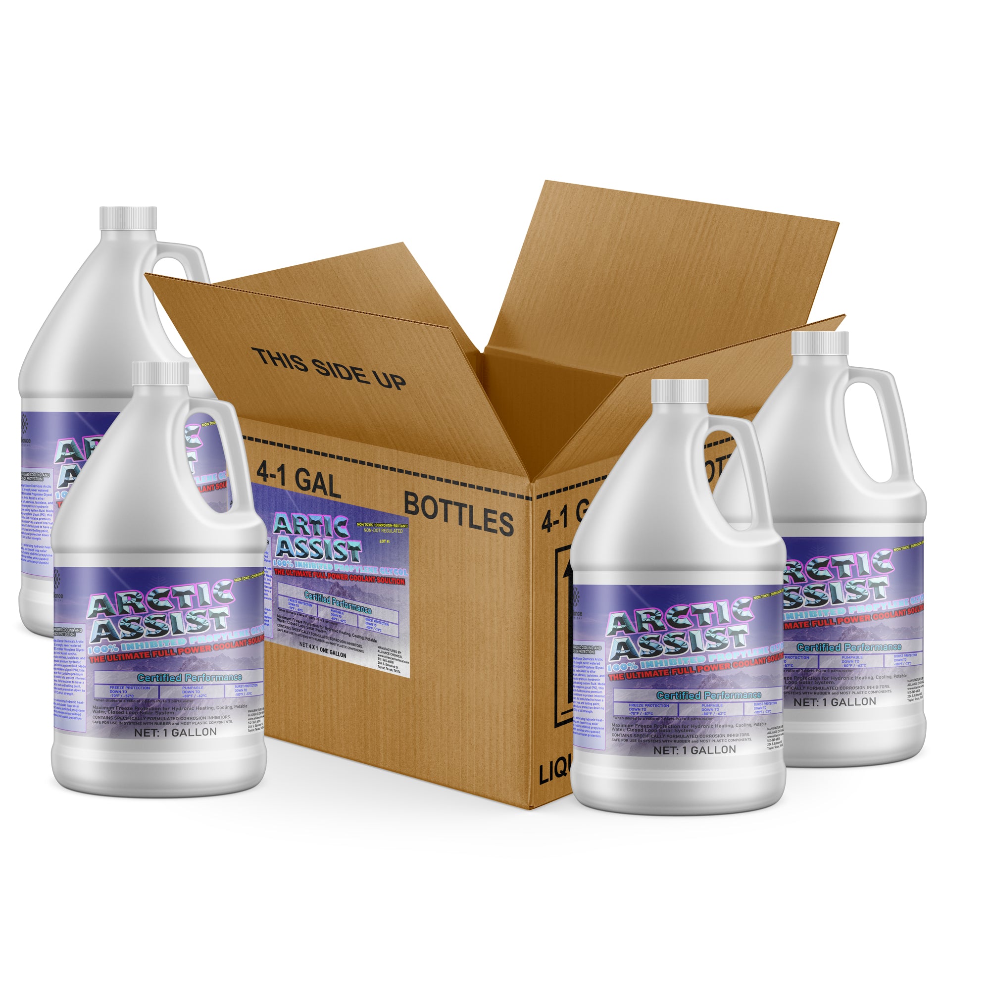 4x1-gallon Arctic Assist industrial chemical solution in white HDPE containers with purple labels, shown with cardboard shipping box marked THIS SIDE UP.