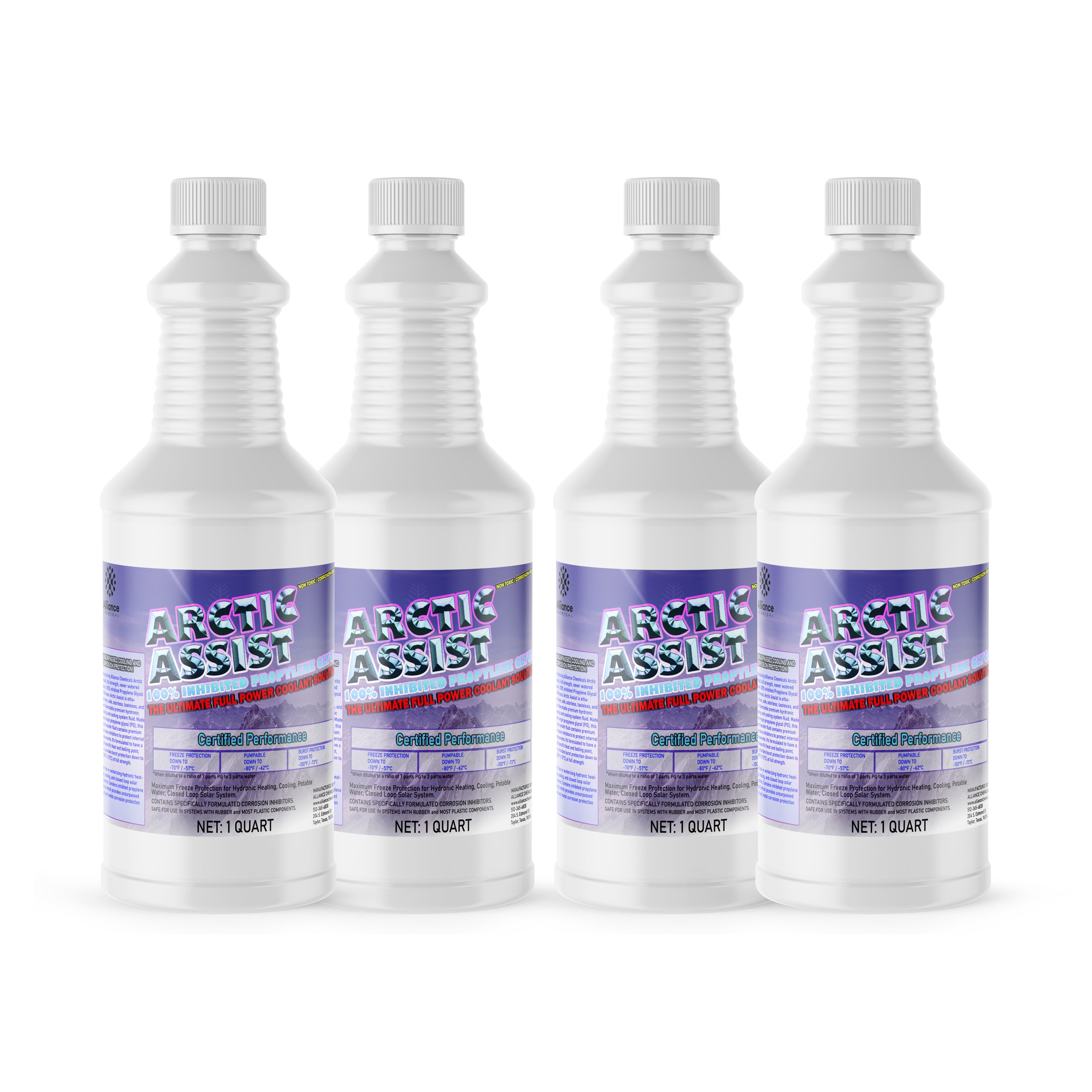 4-pack of 1-quart Arctic Assist industrial coolant bottles in white HDPE containers with ribbed design, purple labels and certified performance markings.