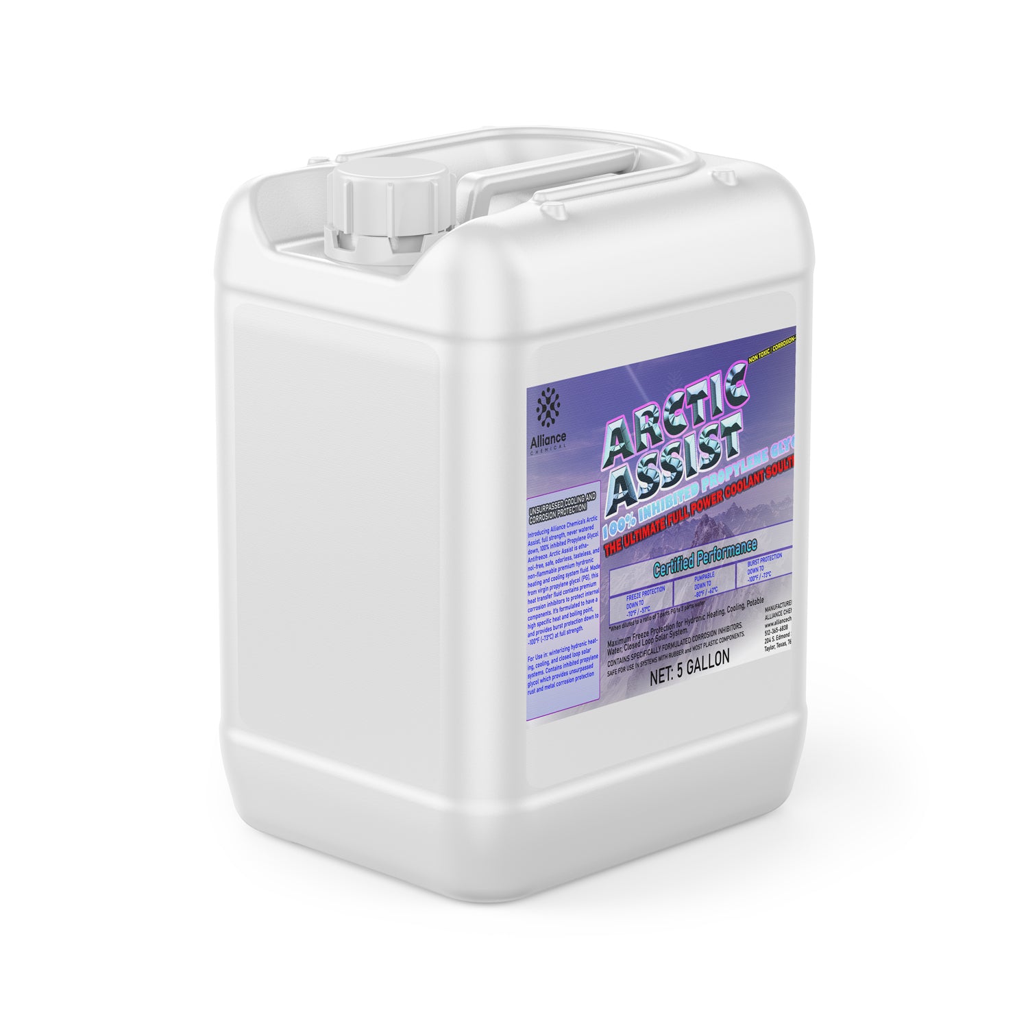 5-gallon white HDPE container of Arctic Assist industrial coolant with purple label, Alliance Chemical branding, and secure screw-top closure.