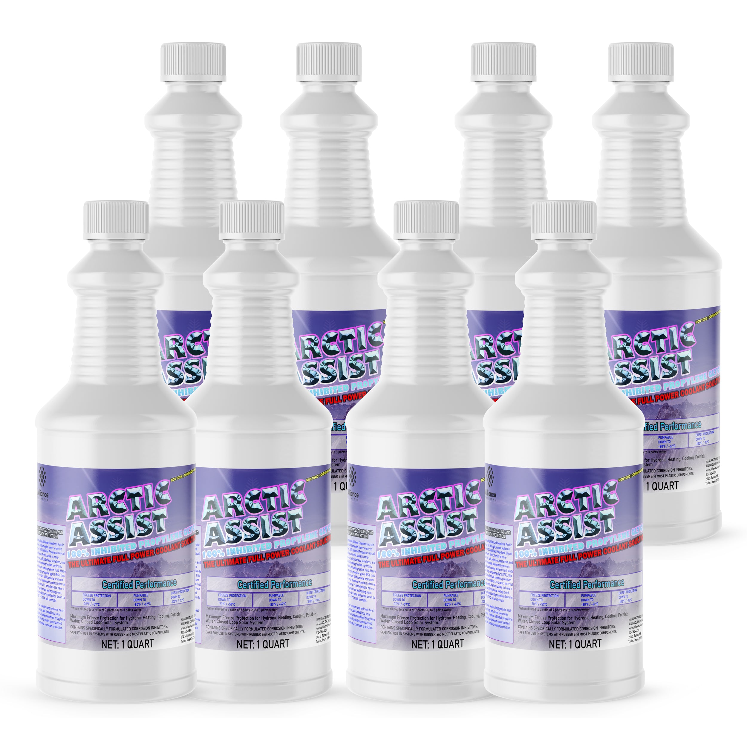 8-pack of 1-quart Arctic Assist industrial coolant fluid in white HDPE bottles with purple labels, certified performance grade, ribbed container design.