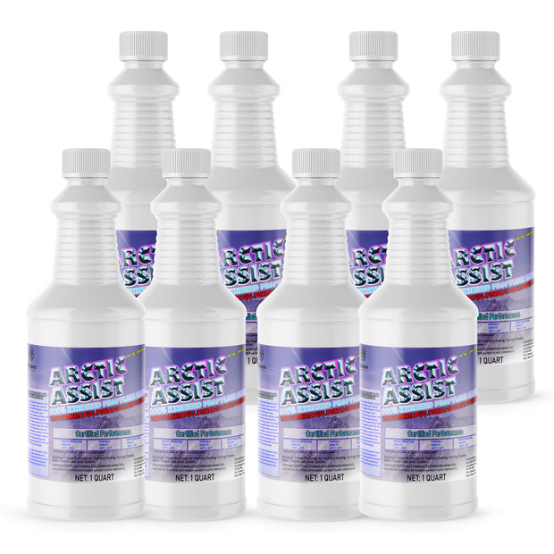 Eight 1-quart plastic bottles of Alliance Chemical Arctic Assist with white screw caps and product labels