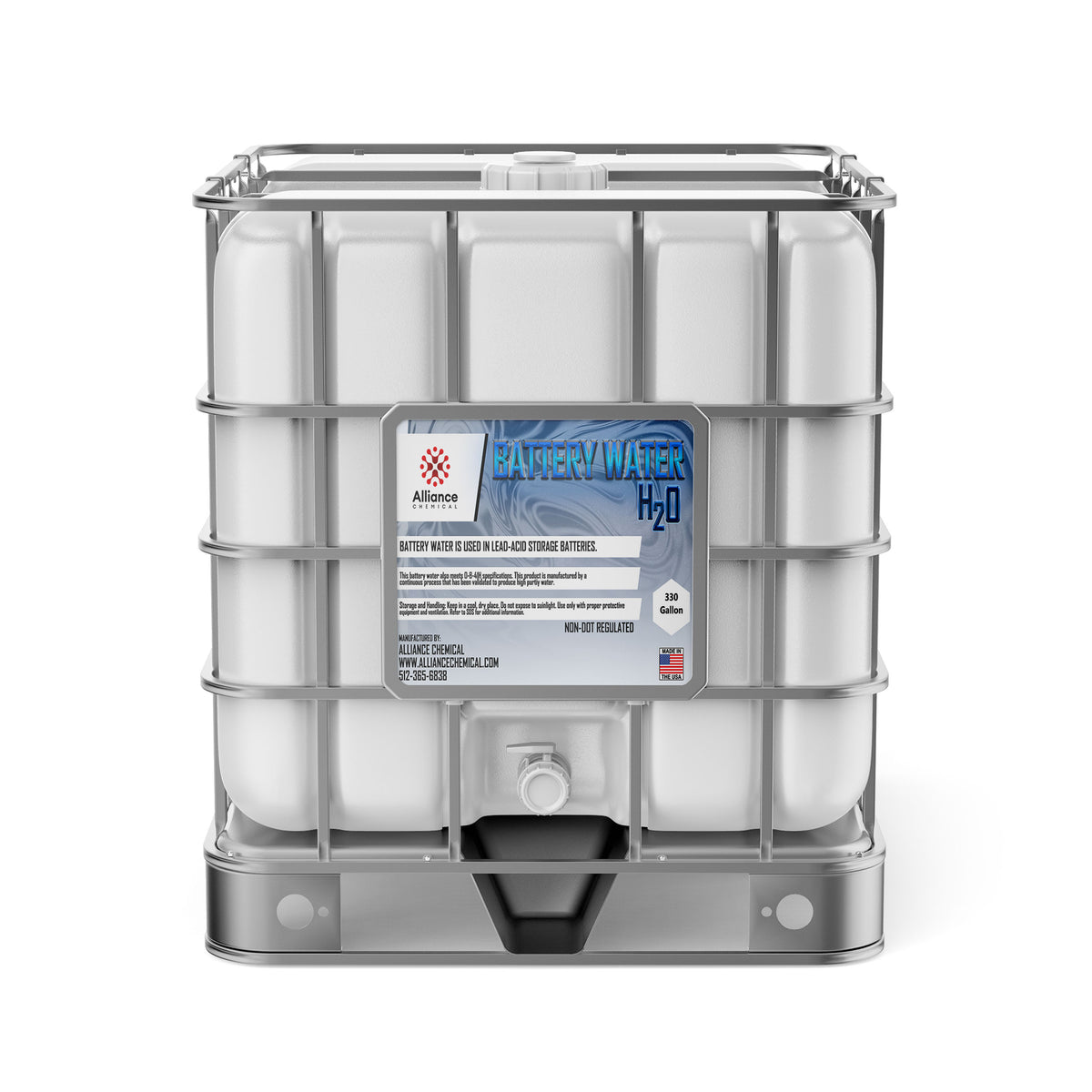 Alliance Chemical Battery Water 330-gallon plastic tote with a metal cage, label, and spigot.