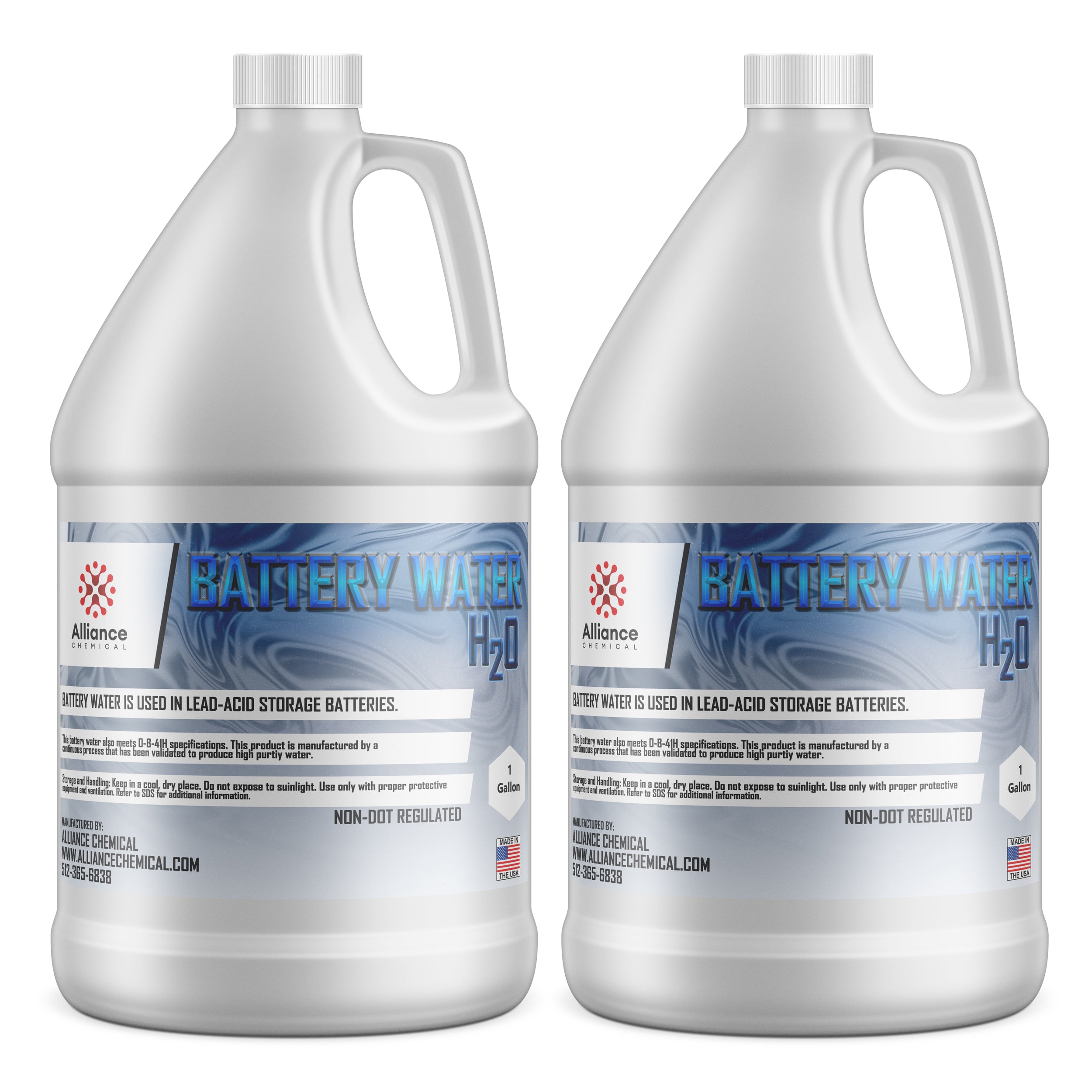2-gallon white HDPE jugs of Alliance Chemical battery water for lead-acid batteries, featuring NON-DOT regulated label and H2O purity specifications.
