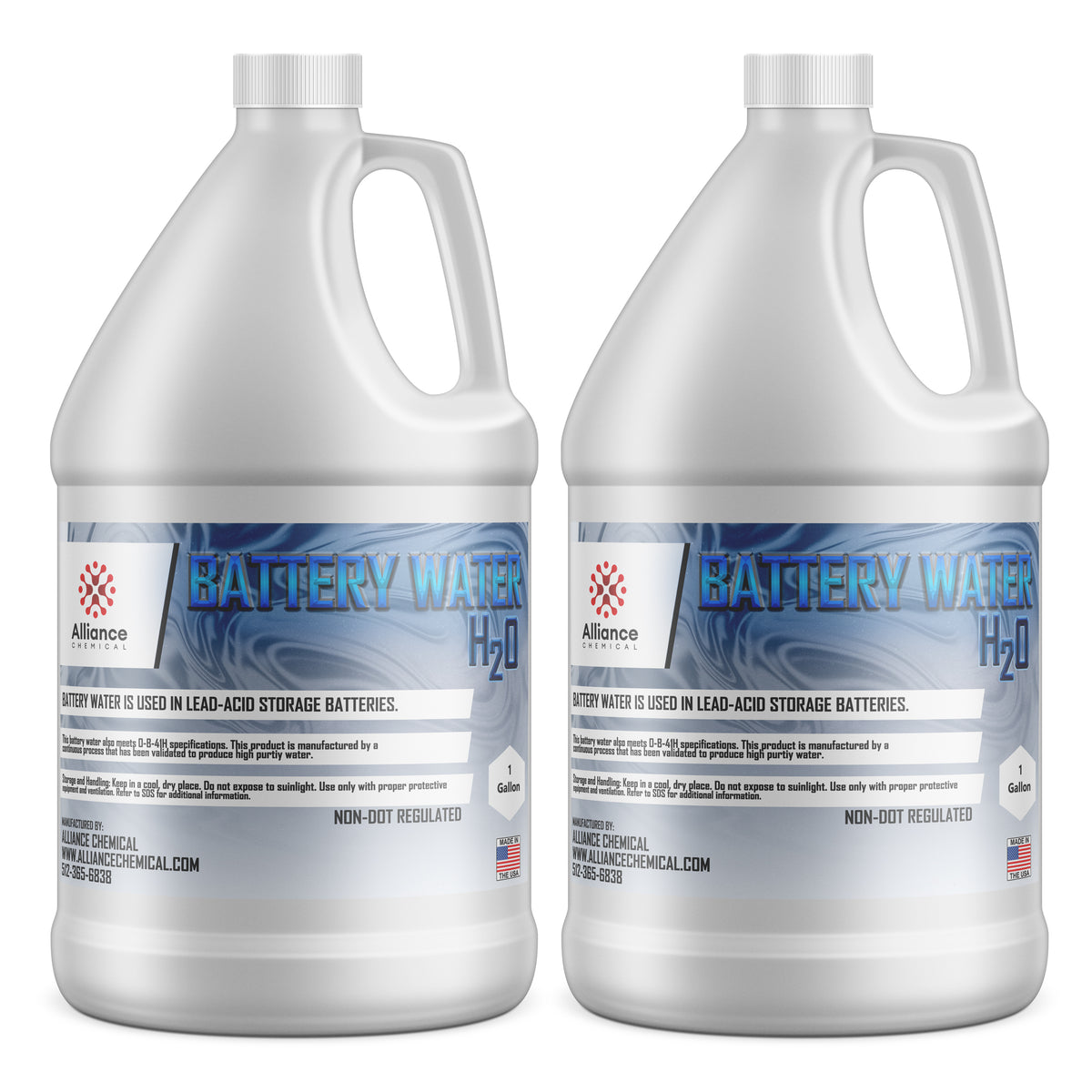 2-gallon HDPE jugs of Alliance Chemical battery water for lead-acid batteries