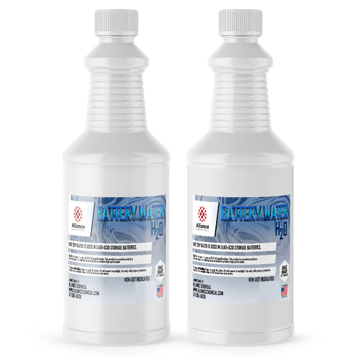 2-quart HDPE bottles of Alliance Chemical battery water H2O for lead-acid storage batteries, non-DOT regulated, made in USA