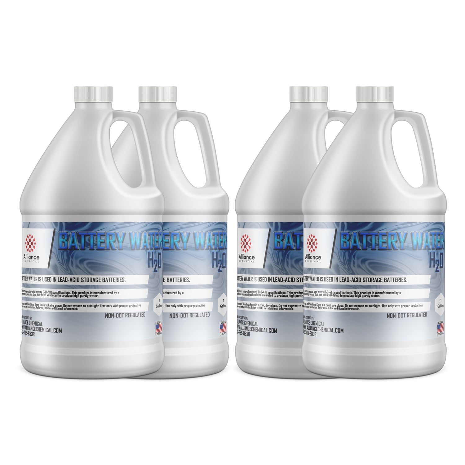 4x1-gallon Battery Water H2O by Alliance Chemical - Non-DOT regulated deionized water for lead-acid storage batteries in HDPE containers with safety caps.