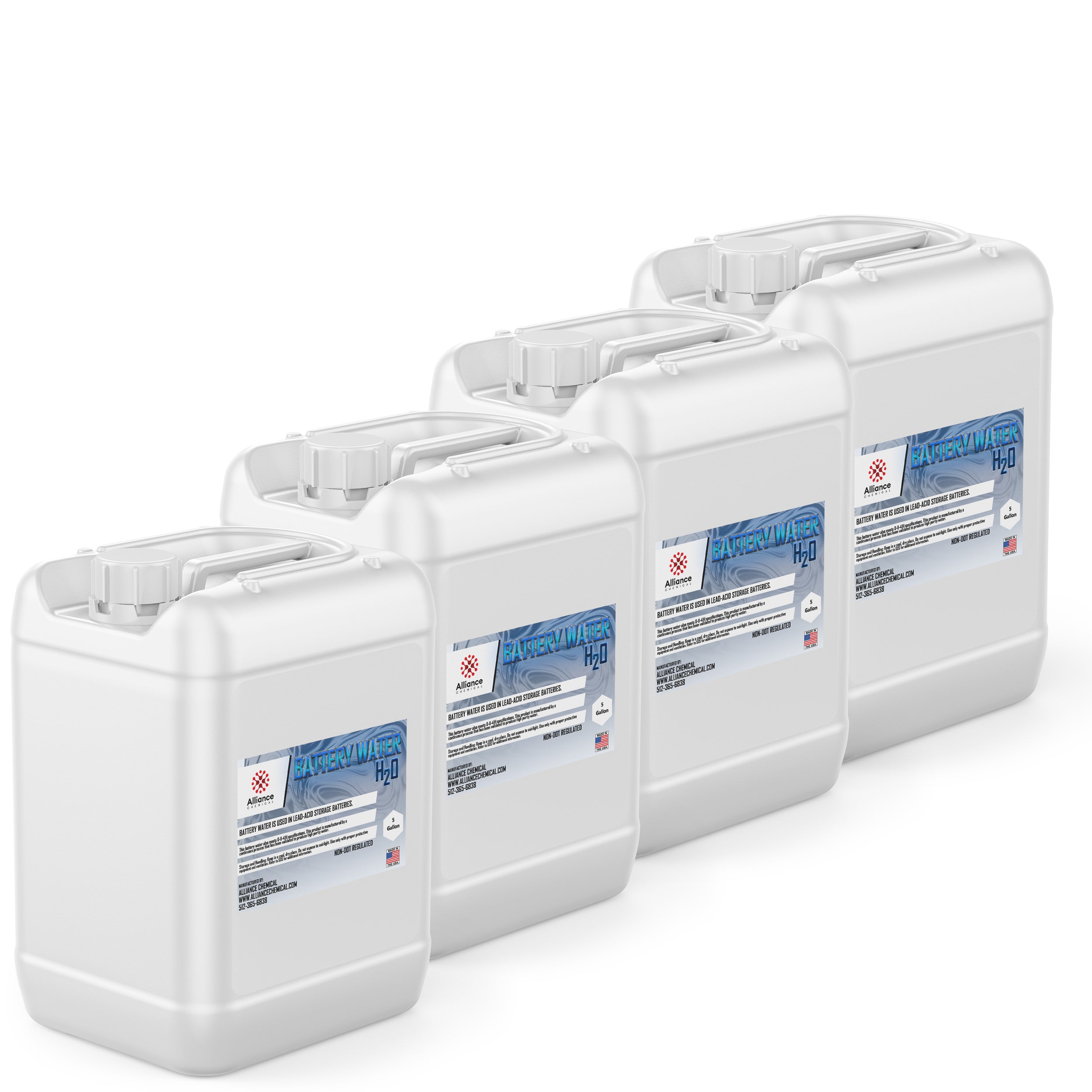 4x5-gallon white HDPE containers of Alliance Chemical H2O battery water, industrial-grade deionized formula with blue labels, Made in USA.