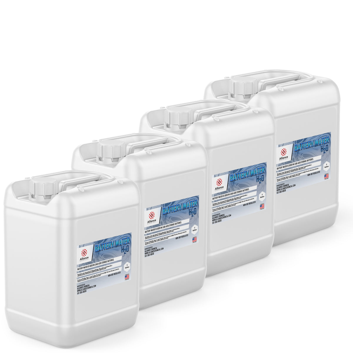 4x5-gallon HDPE containers of Alliance Chemical H2O battery water deionized formula with blue labels, Made in USA
