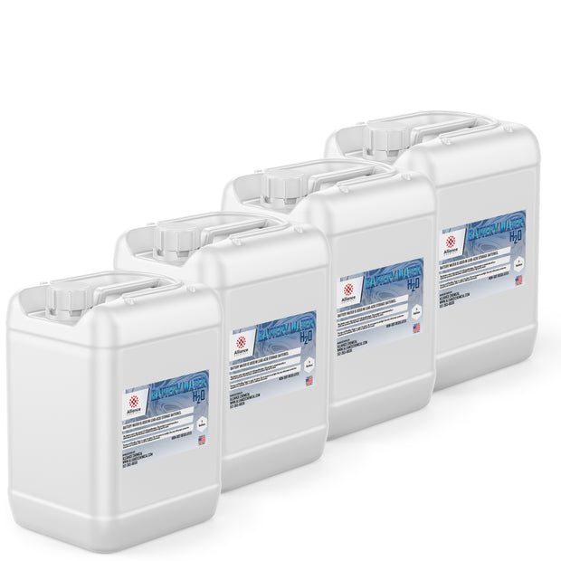 4x5-gallon HDPE containers of Alliance Chemical H2O battery water deionized formula with blue labels, Made in USA