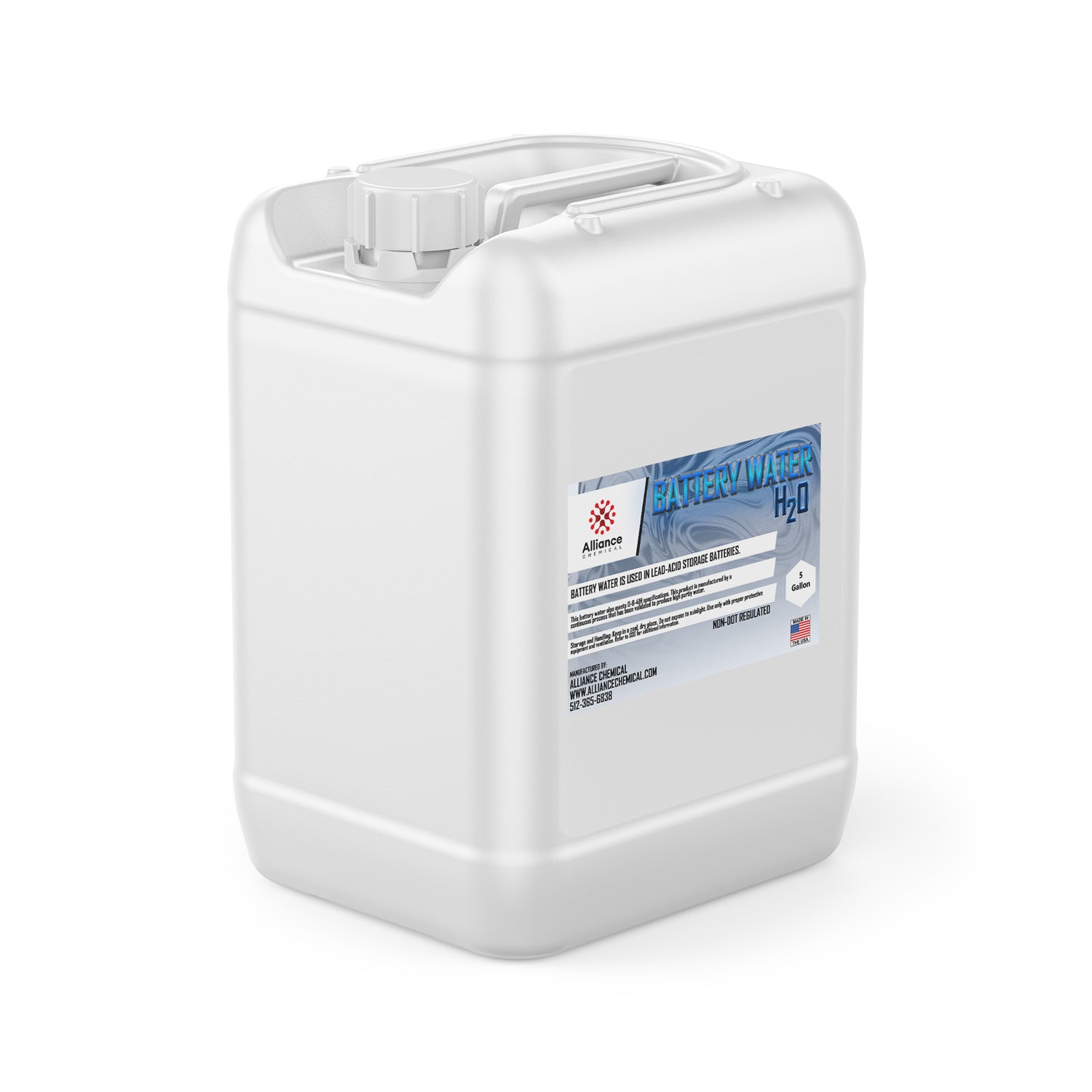 5-gallon white HDPE container of Alliance Chemical Battery Water H2O for lead-acid storage batteries, featuring secure screw cap and American-made labeling.