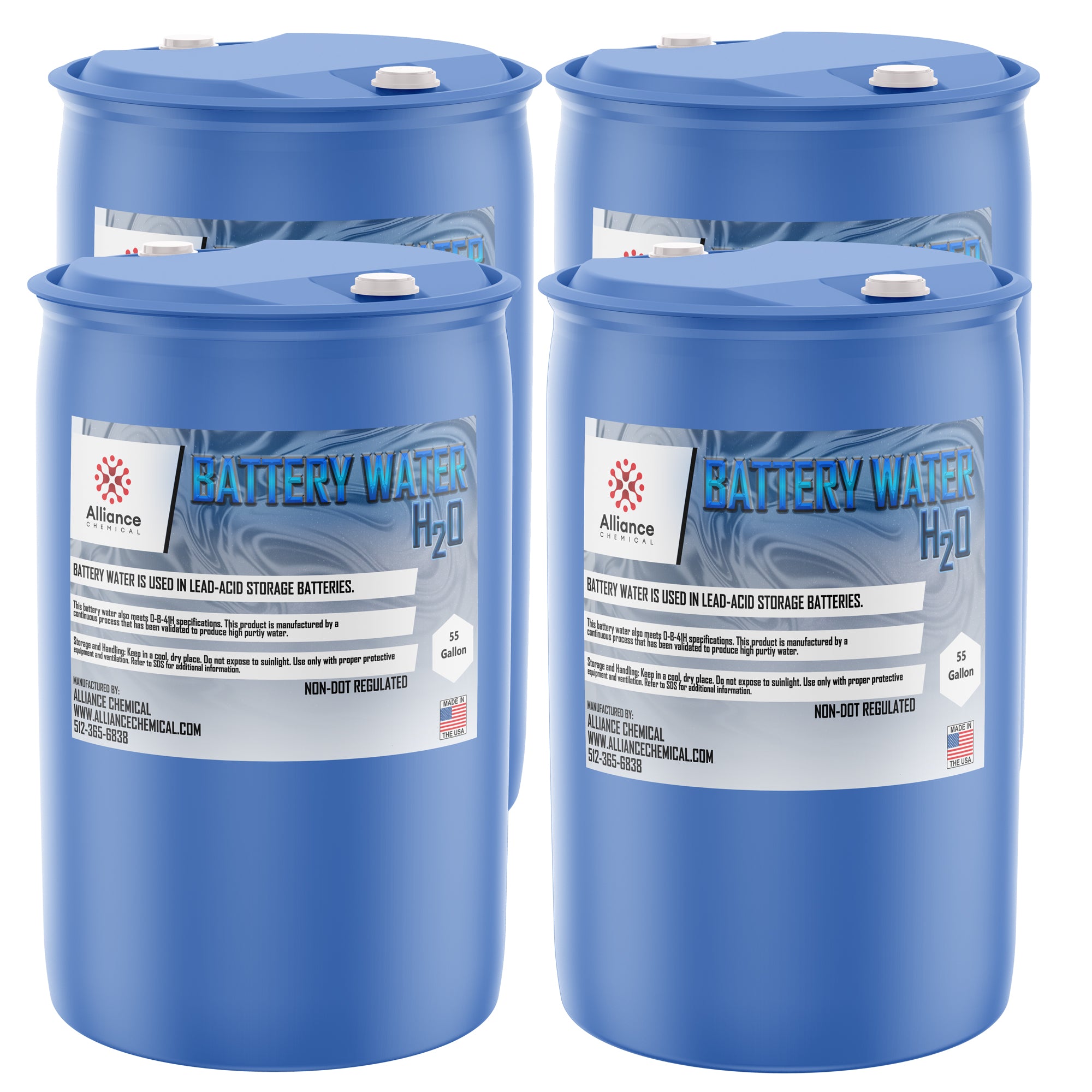 55-gallon blue HDPE drums of Alliance Chemical battery water for lead-acid storage batteries, Non-DOT regulated, Made in USA, 4-pack configuration.