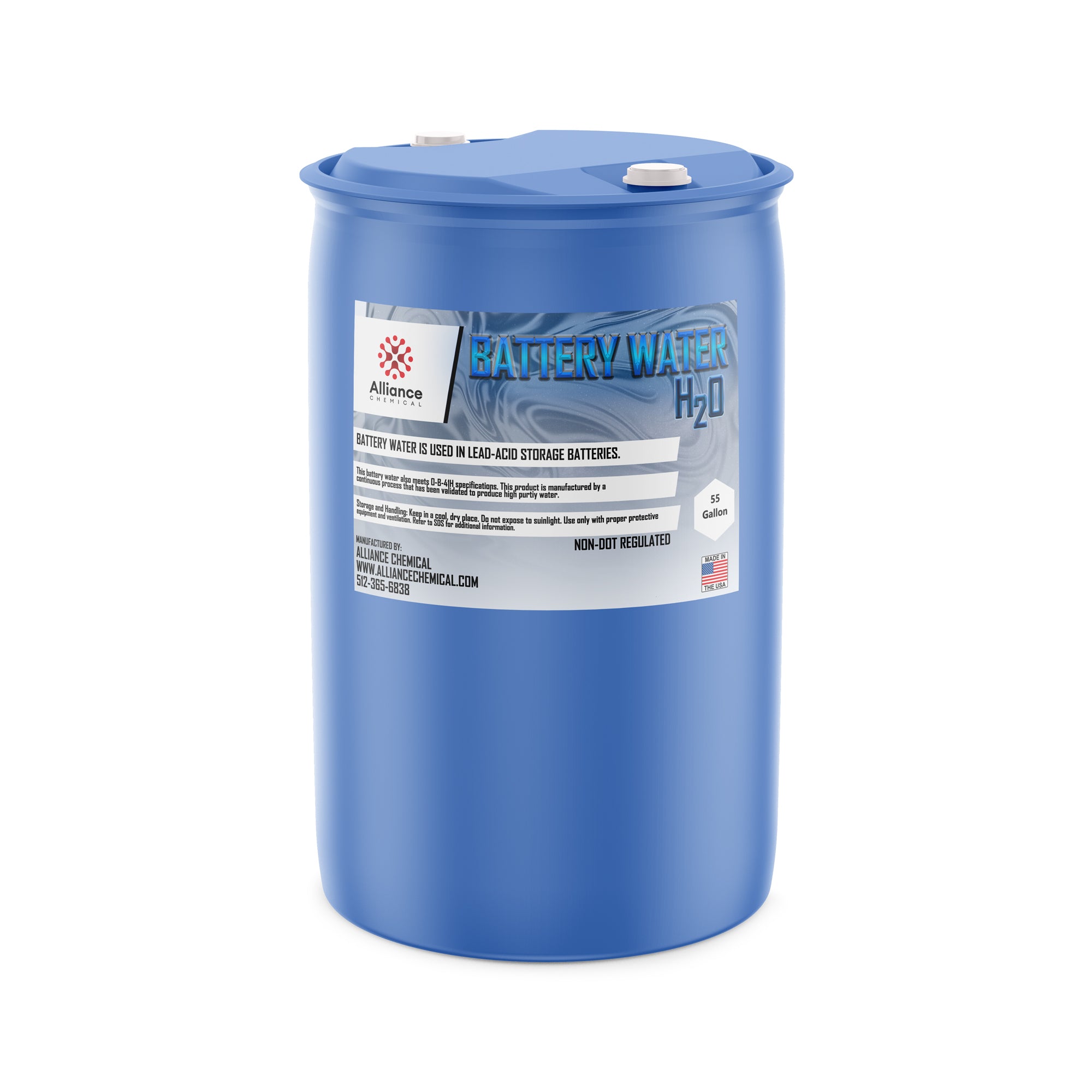 55-gallon blue HDPE drum of H2O battery water for lead-acid storage batteries, non-DOT regulated, made in USA by Alliance Chemical.