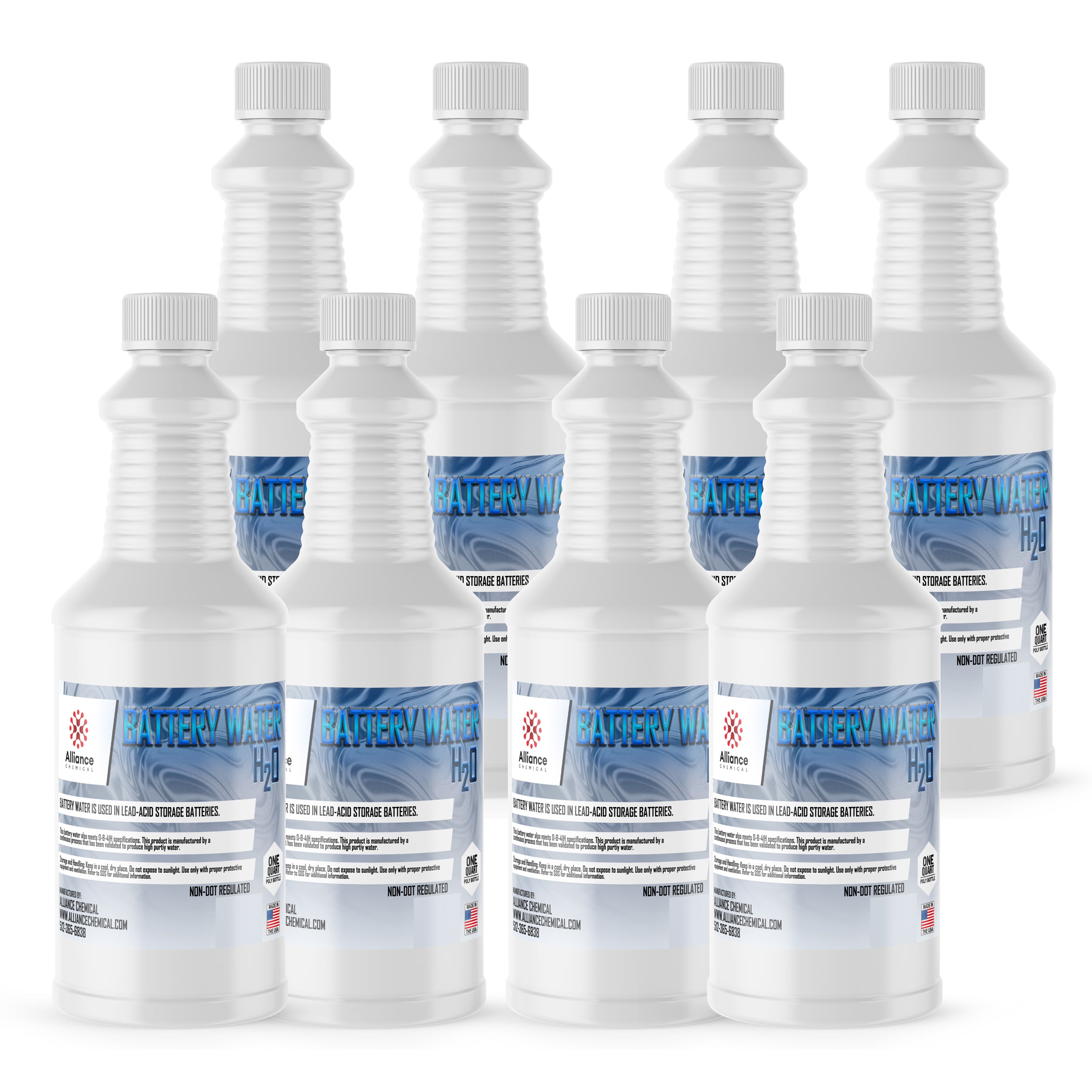 8x1-quart battery water bottles, white HDPE containers with blue labeling, manufactured by Alliance Chemical for lead-acid storage batteries, USA-made.