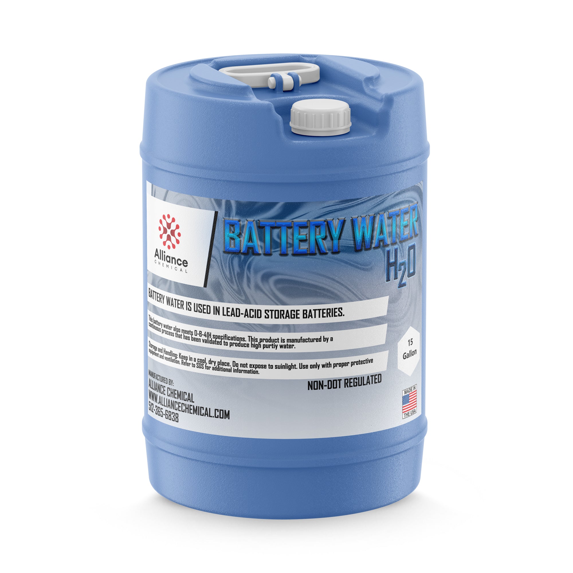 15-gallon blue HDPE carboy of Alliance Chemical battery water for lead-acid storage batteries, non-DOT regulated, with dual-handle cap system.