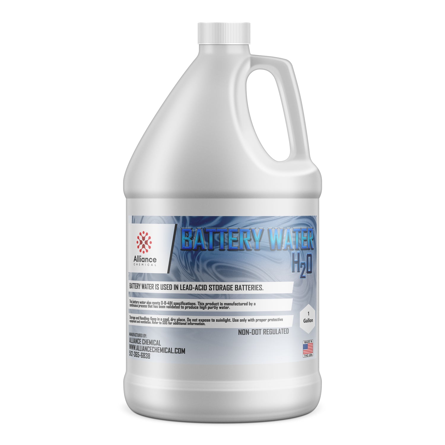 One-gallon white HDPE jug of Alliance Chemical battery water for lead-acid storage batteries, featuring blue-gradient label, safety warnings, and non-DOT regulated designation.