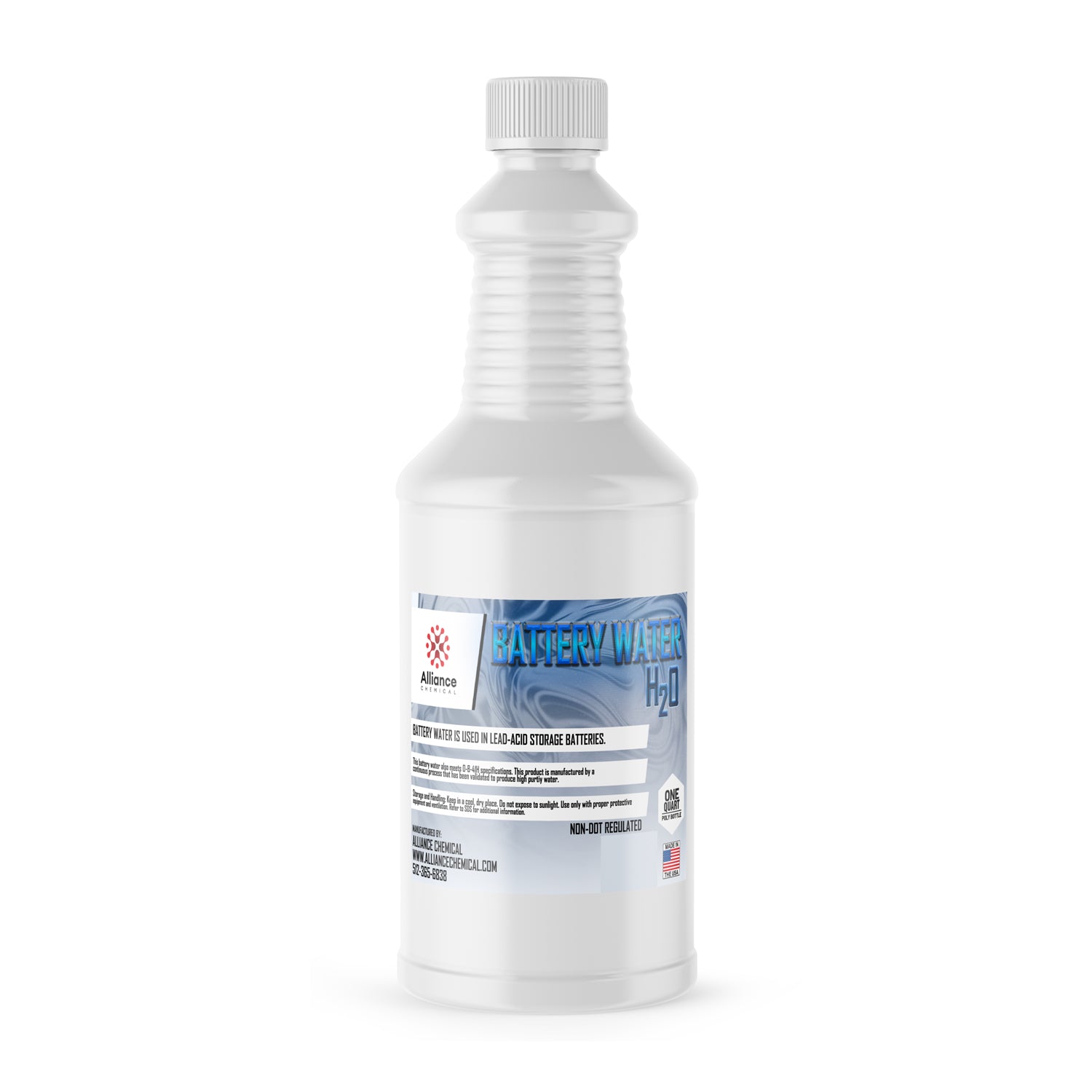 1-quart HDPE bottle of industrial battery water H2O for lead-acid storage batteries, white ribbed container with safety cap, non-DOT regulated.