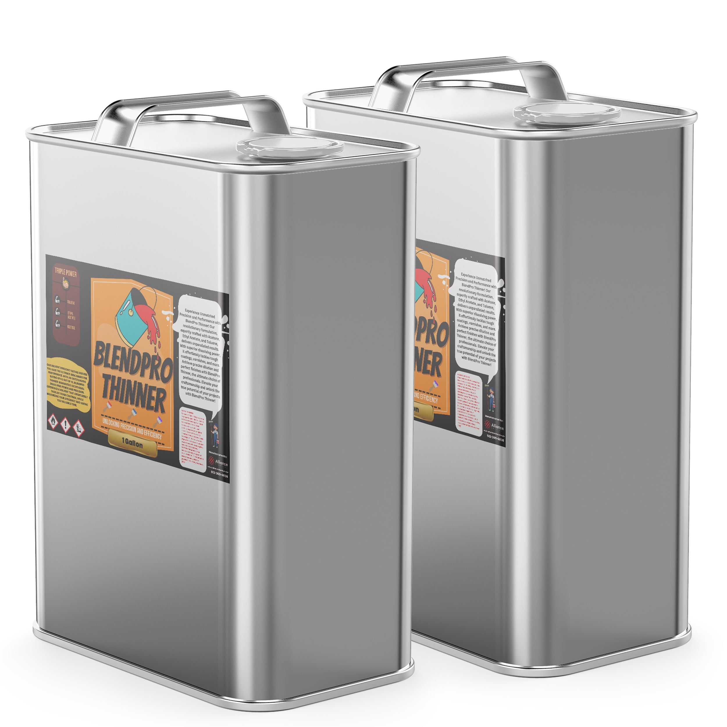 2-gallon stainless steel canisters of BlendPro Professional Paint Thinner in industrial-grade containers with GHS warning symbols and safety labels, featuring secure handles.