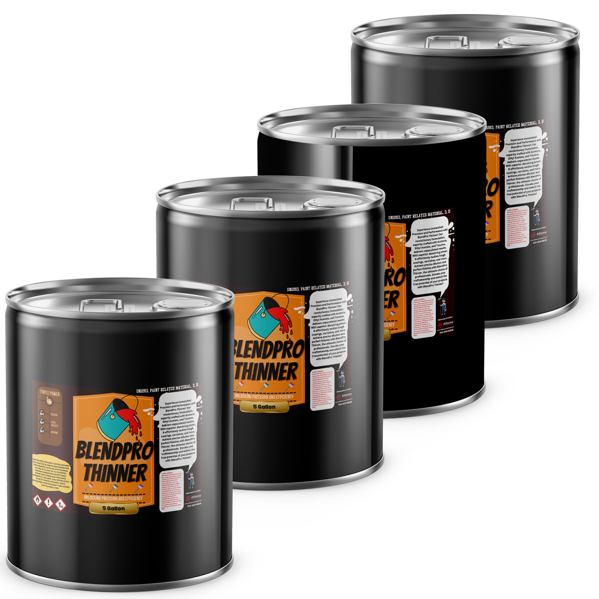 Four 5-gallon steel pails of Alliance Chemical Blendpro - Professional Paint Thinning Solution with labels and silver lids.