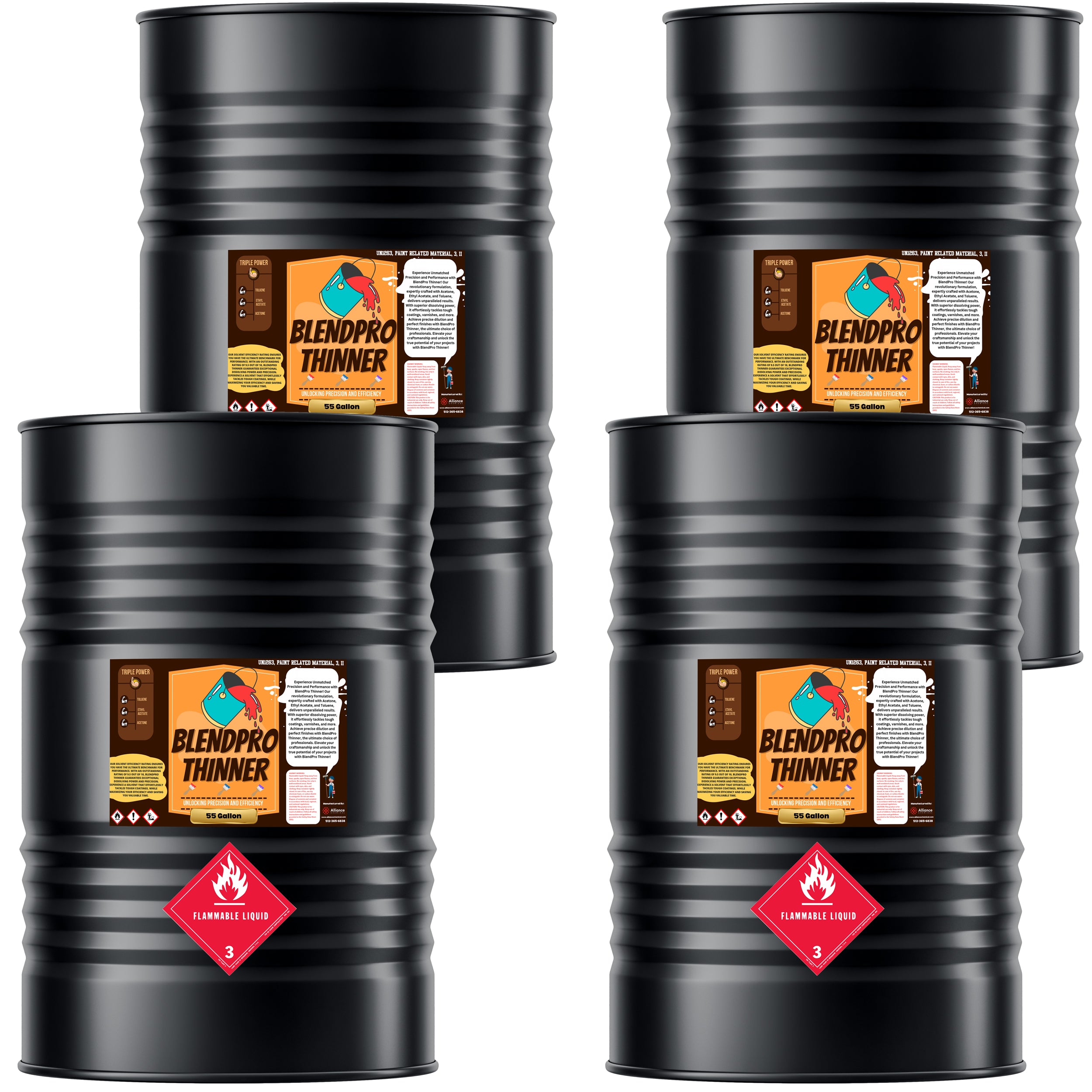 4x55-gallon black steel drums of BlendPro professional paint thinner with Class 3 flammable liquid warning labels, ribbed sidewalls, and industrial safety data sheets.
