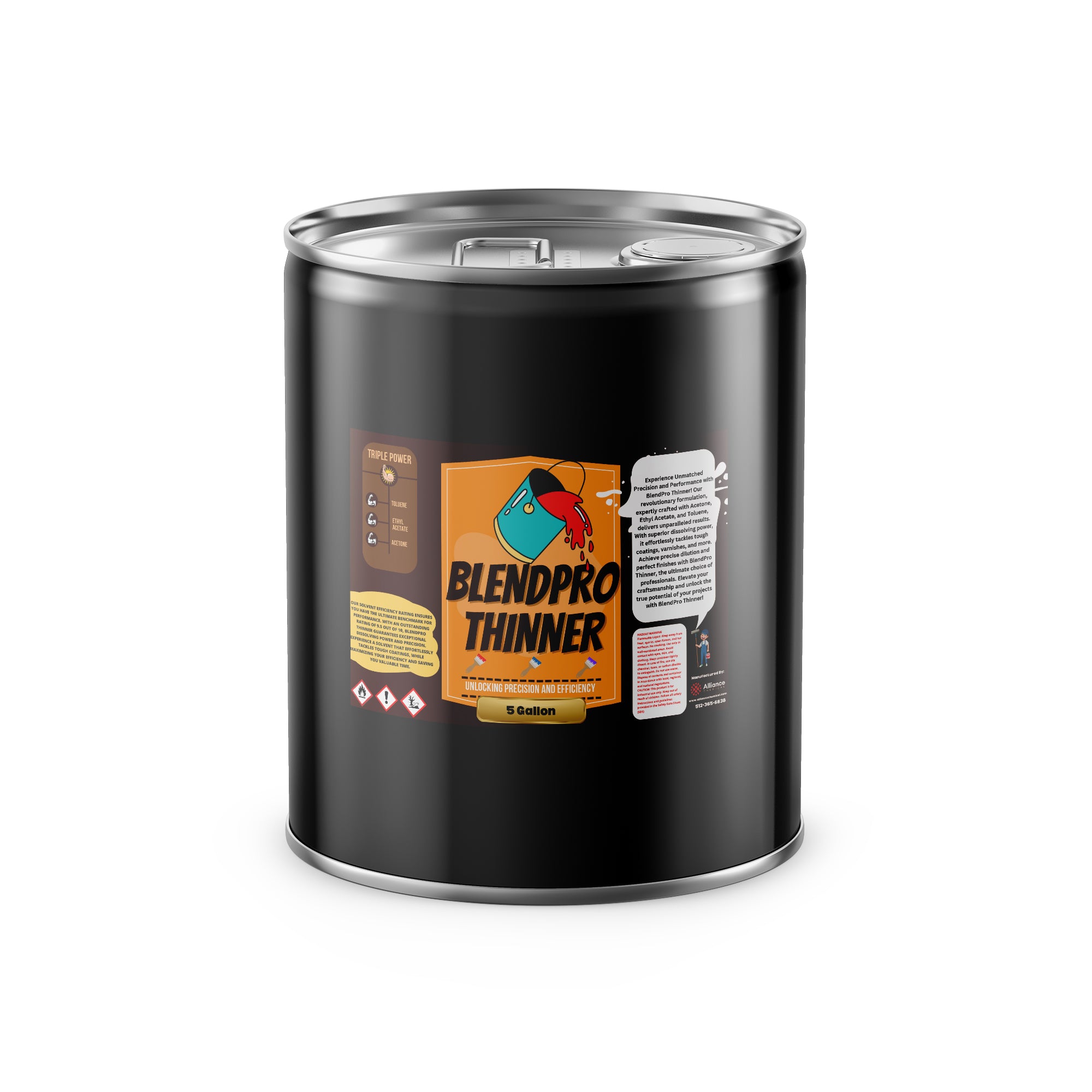 5-gallon black steel drum of BlendPro Professional Paint Thinner with triple-power formula, NFPA hazard diamonds, and industrial-grade lid seal mechanism.