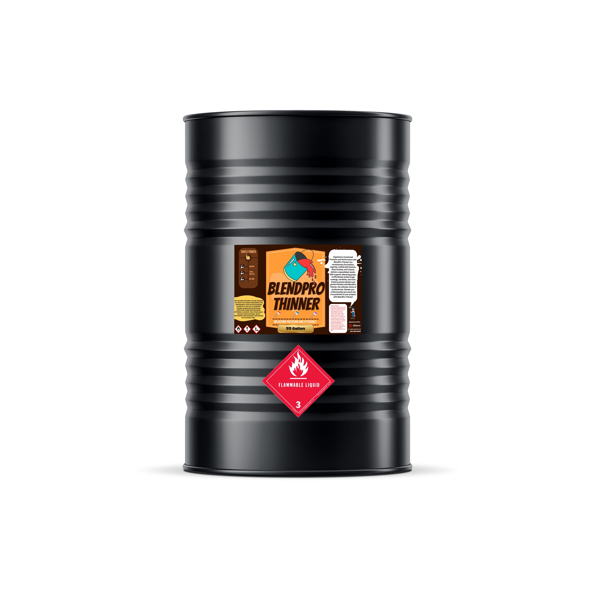 55-gallon black steel drum of BlendPro industrial paint thinner with flammable liquid Class 3 warning placard and professional solvent label.
