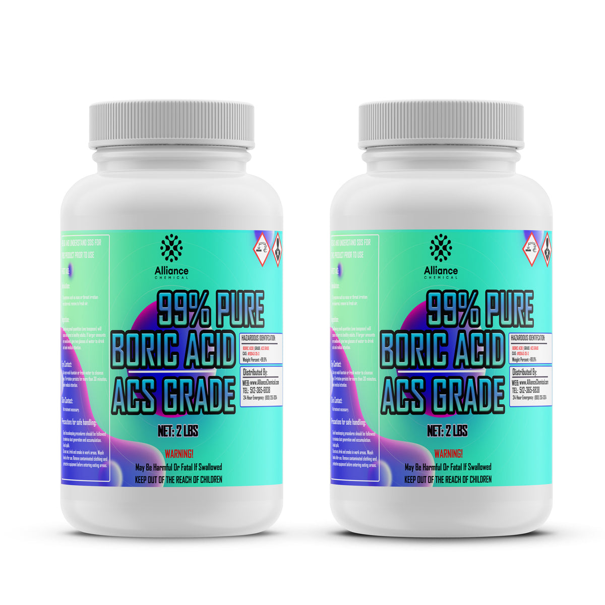 2-lb containers of 99% Pure Boric Acid ACS Grade by Alliance Chemical, HDPE bottles turquoise-purple gradient labels