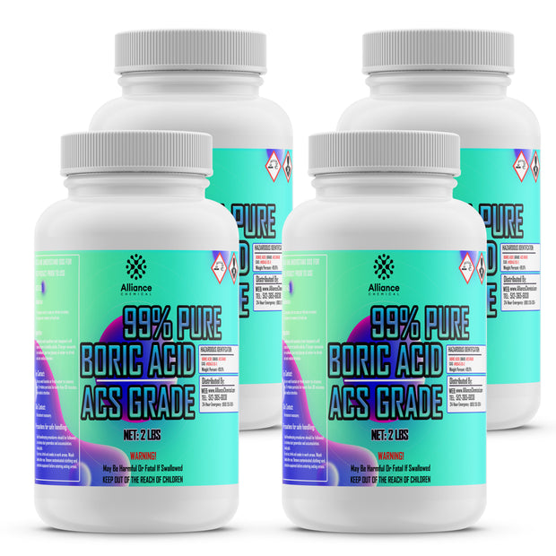 Four plastic bottles of Alliance Chemical Boric Acid Powder 99% Acs Grade with white screw top lids and product labels.