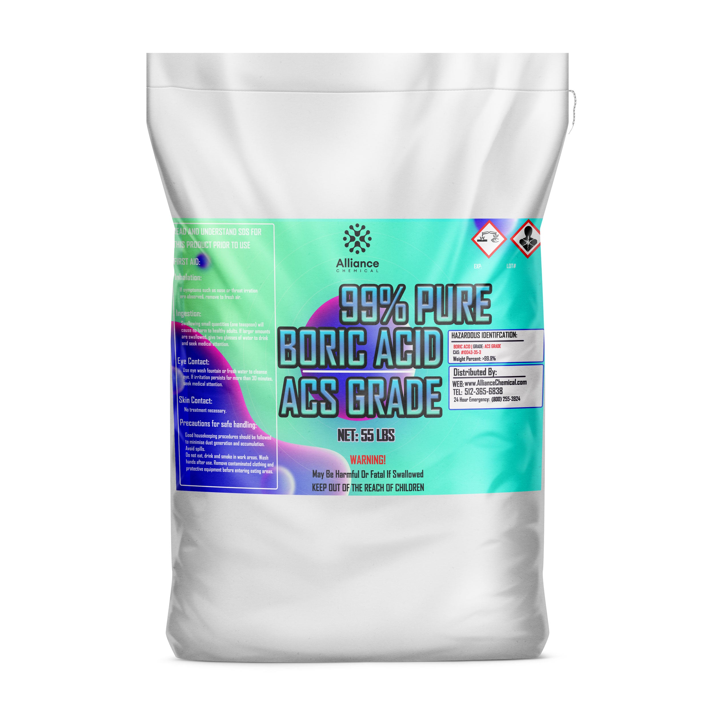 55lb bag of 99% Pure Boric Acid ACS Grade, industrial chemical with warning symbols, Alliance Chemical brand, white resealable bulk package with hazard labels.