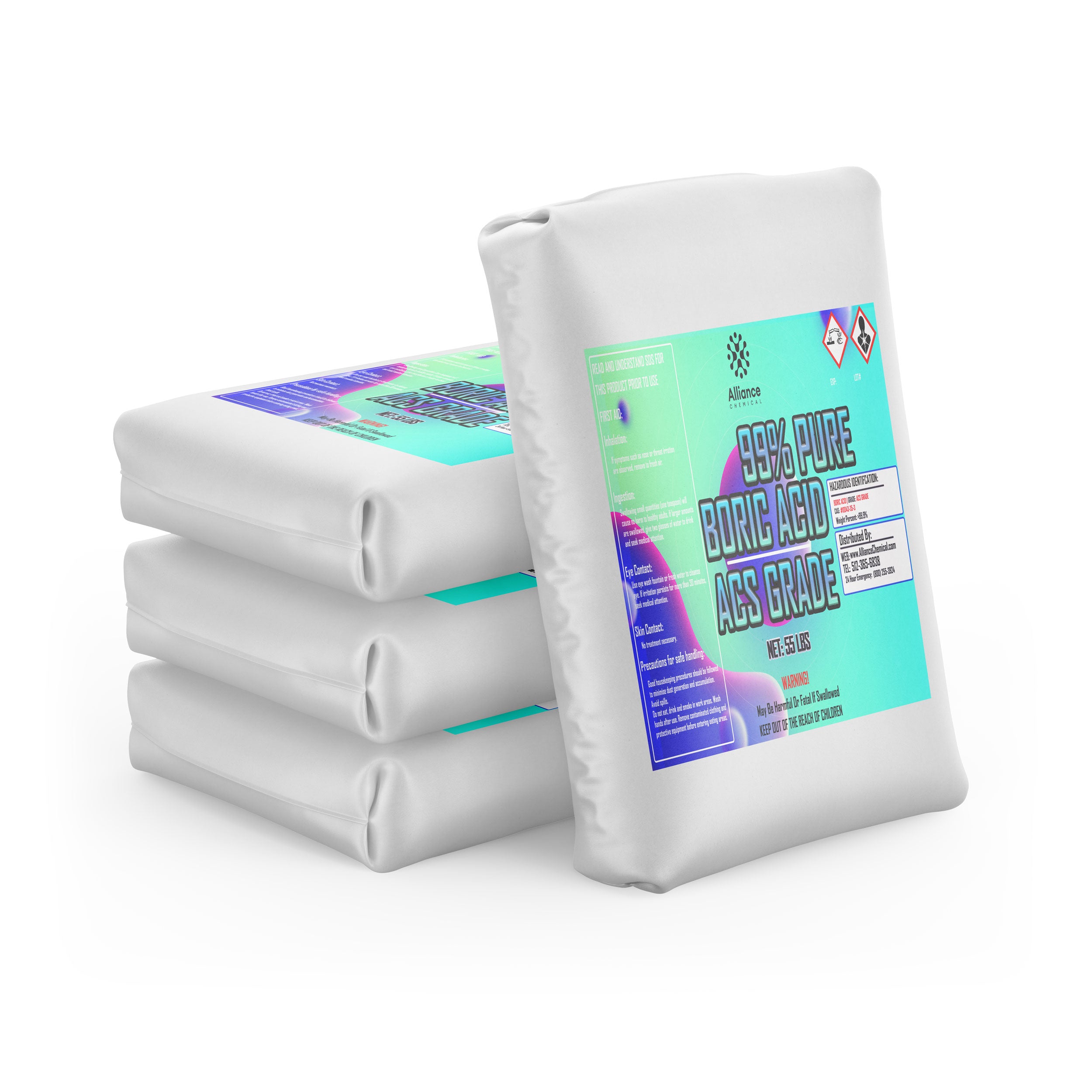 55lb white bags of 99% pure ACS-grade boric acid powder, stacked with turquoise-purple labeled packaging displaying GHS hazard symbols, Alliance Chemical brand.