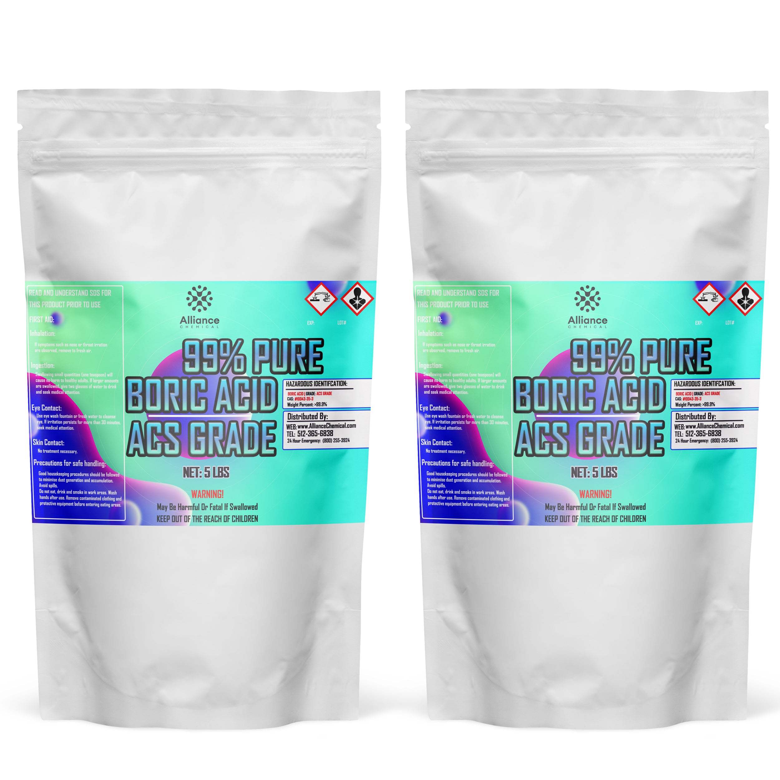 Two 5 lb resealable bags of 99% pure ACS-grade boric acid powder from Alliance Chemical, featuring corrosive/irritant hazard symbols and safety warnings on turquoise labels.