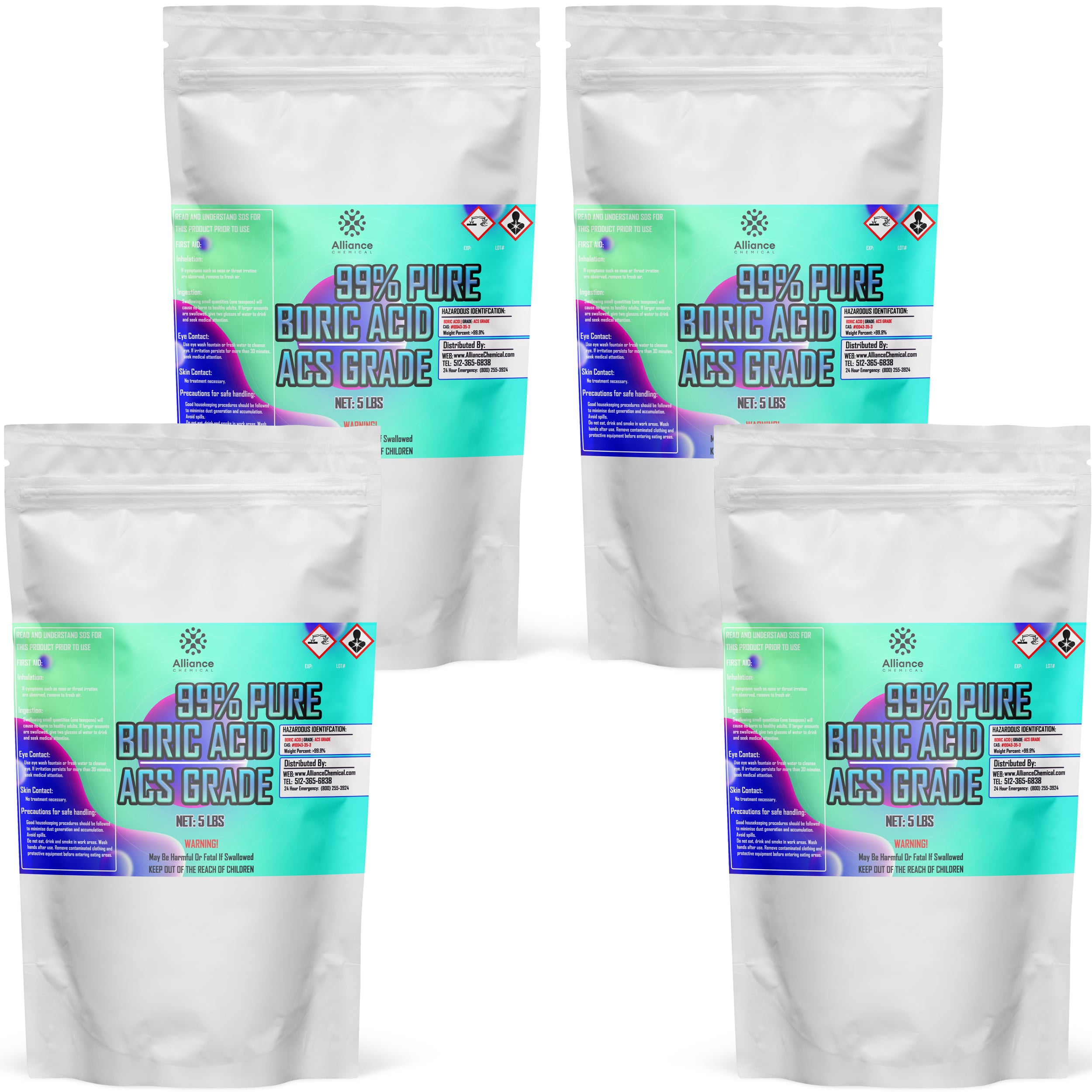 5-pound bags (4-pack) of 99% pure ACS-grade boric acid powder in resealable white pouches with turquoise labels, hazard symbols, and safety warnings.