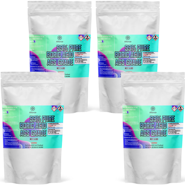 Four 5-lbs bags of Alliance Chemical Boric Acid Powder 99% Acs Grade with teal accents and prominent product label.