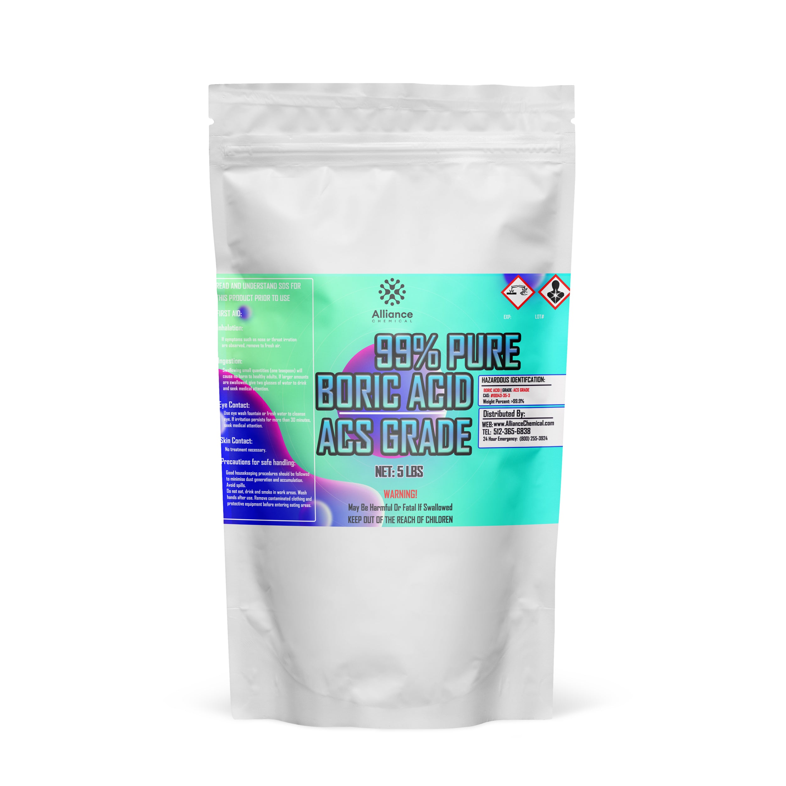 5 lb resealable bag of 99% pure ACS-grade boric acid powder, featuring hazard warning symbols, safety instructions, and Alliance Chemical branding on turquoise label.