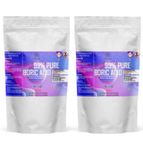 Two 5-lb Alliance Chemical Boric Acid plastic bags with resealable zipper closures and product information labels.