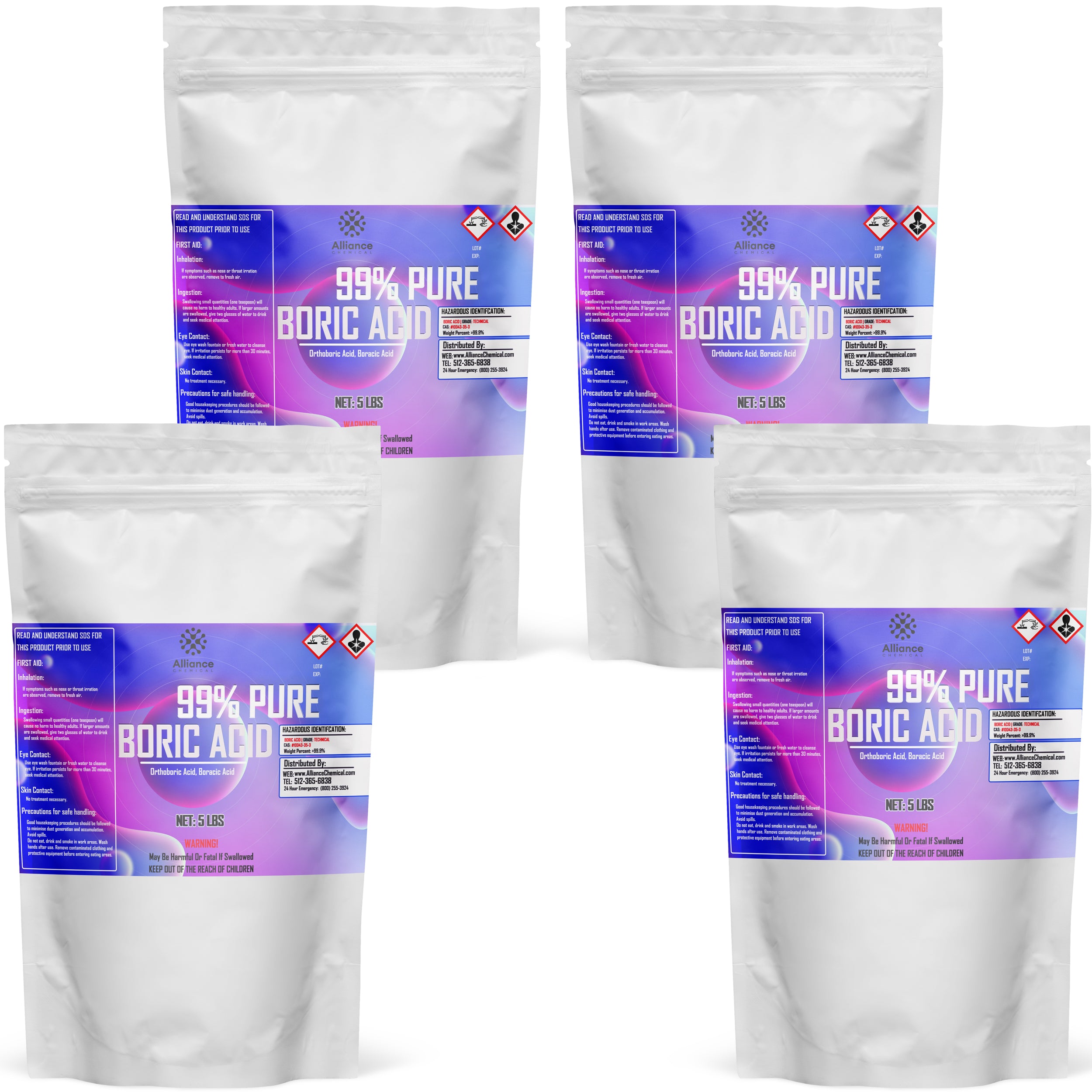5 lb bags (4-pack) of 99% Pure Boric Acid powder in white resealable pouches with purple-blue labels, hazard symbols, and safety instructions, industrial-grade.
