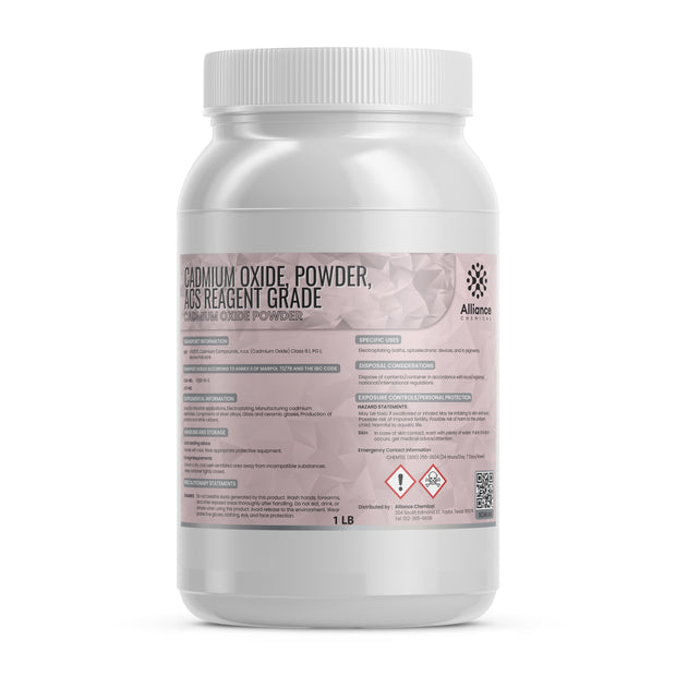 One 1-lb plastic bottle of Alliance Chemical Cadmium Oxide Powder, ACS Reagent Grade, with a white screw cap and product l...