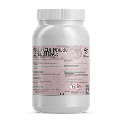 1 LB cadmium oxide ACS reagent-grade powder in white HDPE jar with safety warnings, GHS hazard symbols, and tamper-evident screw cap.