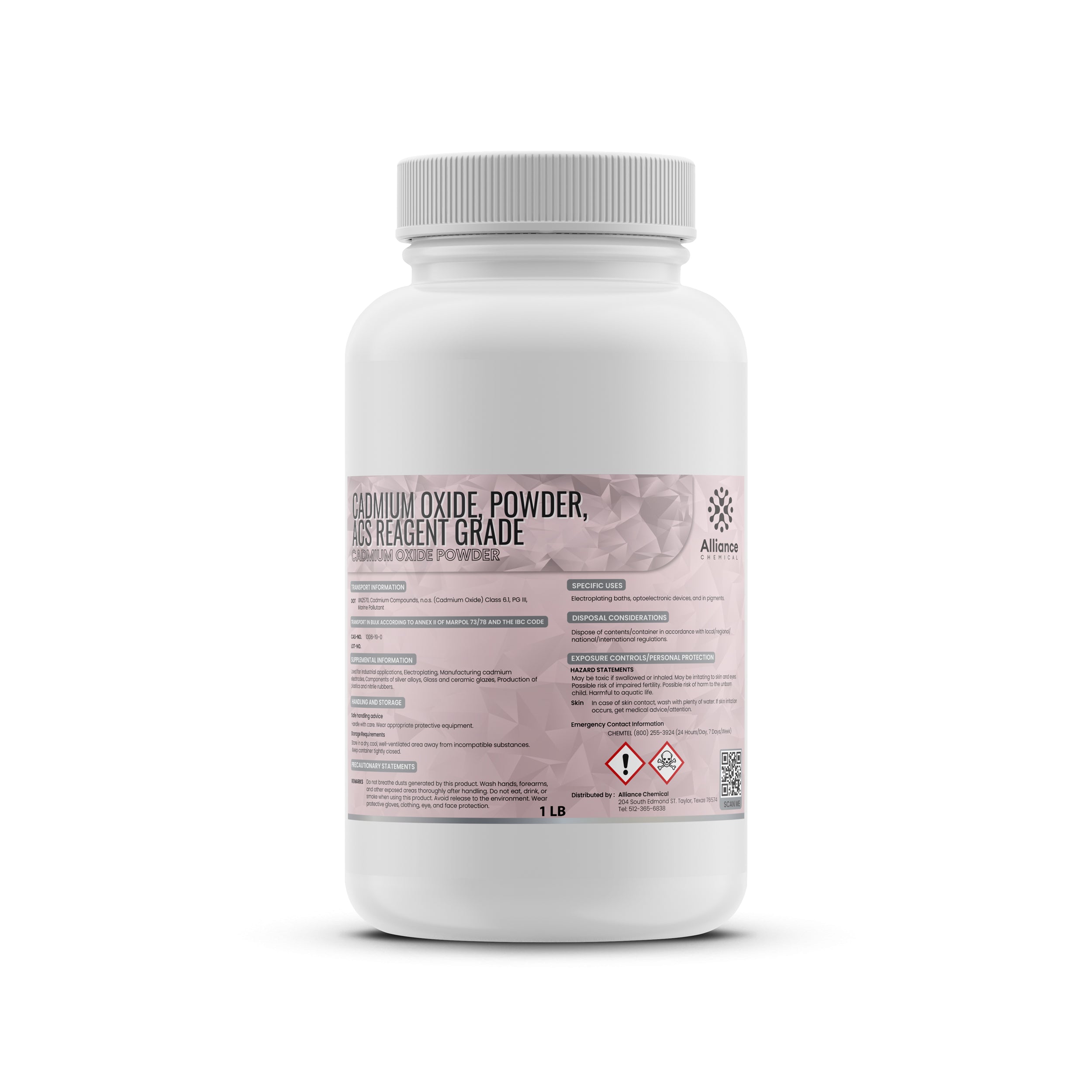 1 LB white HDPE bottle of ACS reagent-grade Cadmium Oxide powder with hazard pictograms, electroplating specifications, and Alliance Chemical labeling.