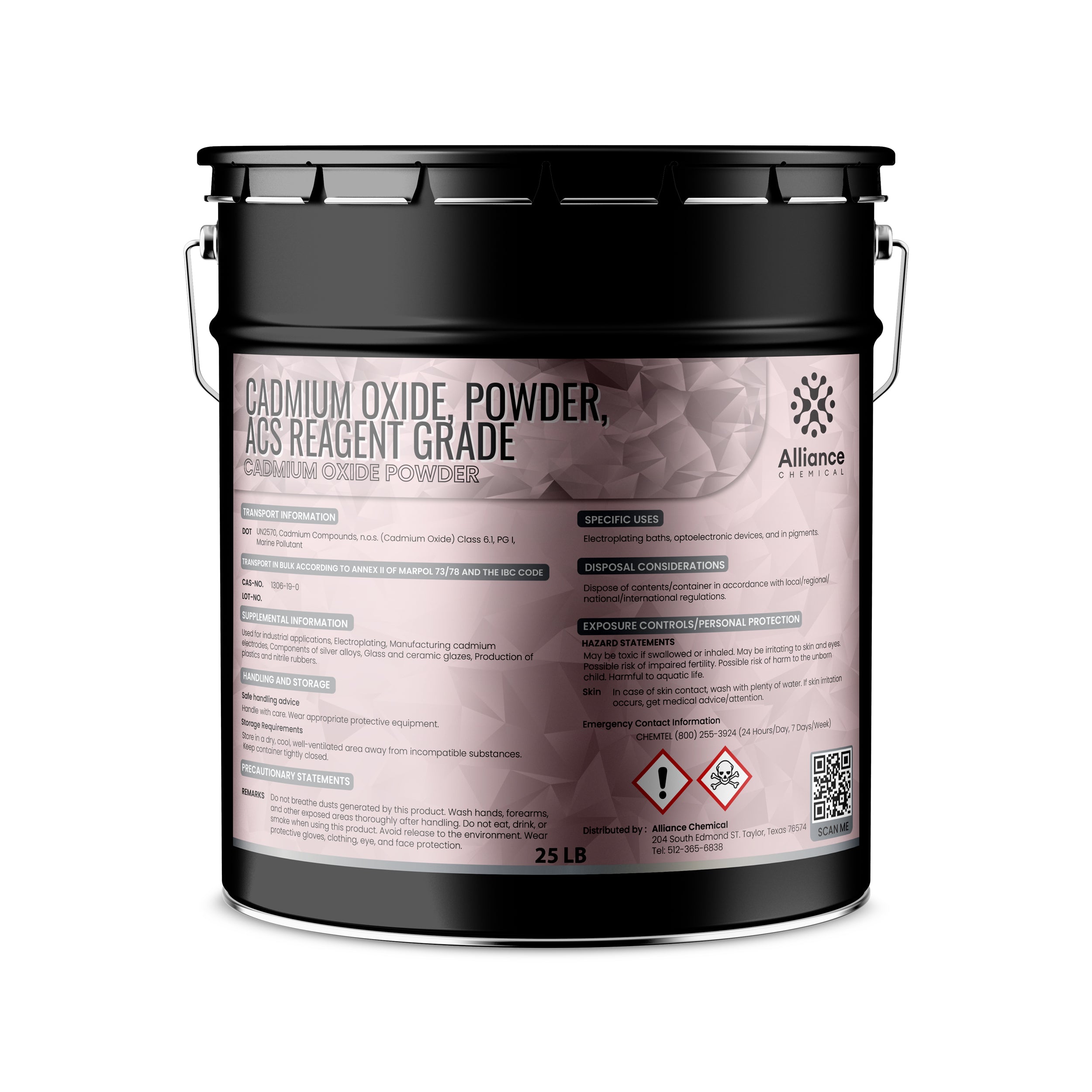 25 LB black steel pail of ACS reagent-grade Cadmium Oxide powder with hazard symbols, safety information, and QR code by Alliance Chemical.