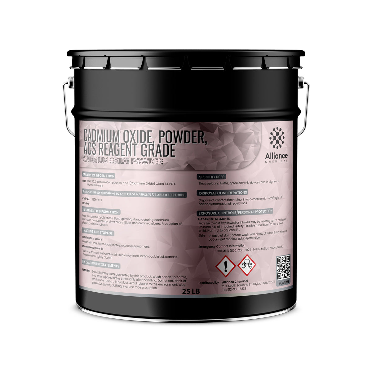25 LB black steel pail of ACS reagent-grade Cadmium Oxide powder safety information, and QR code by Alliance Chemical