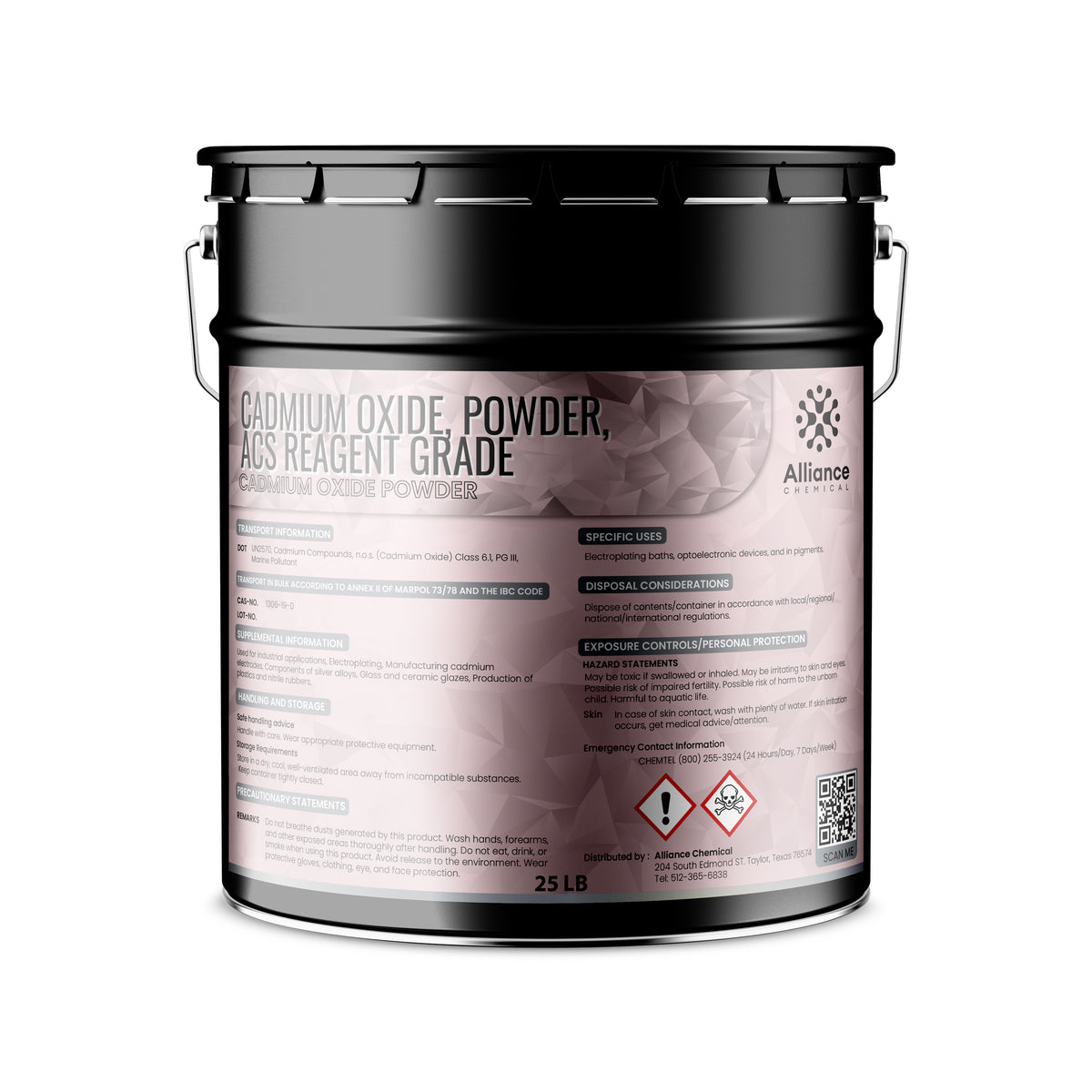 25 lb black steel pail of ACS reagent-grade Cadmium Oxide powder Alliance Chemical branding, and safety information label