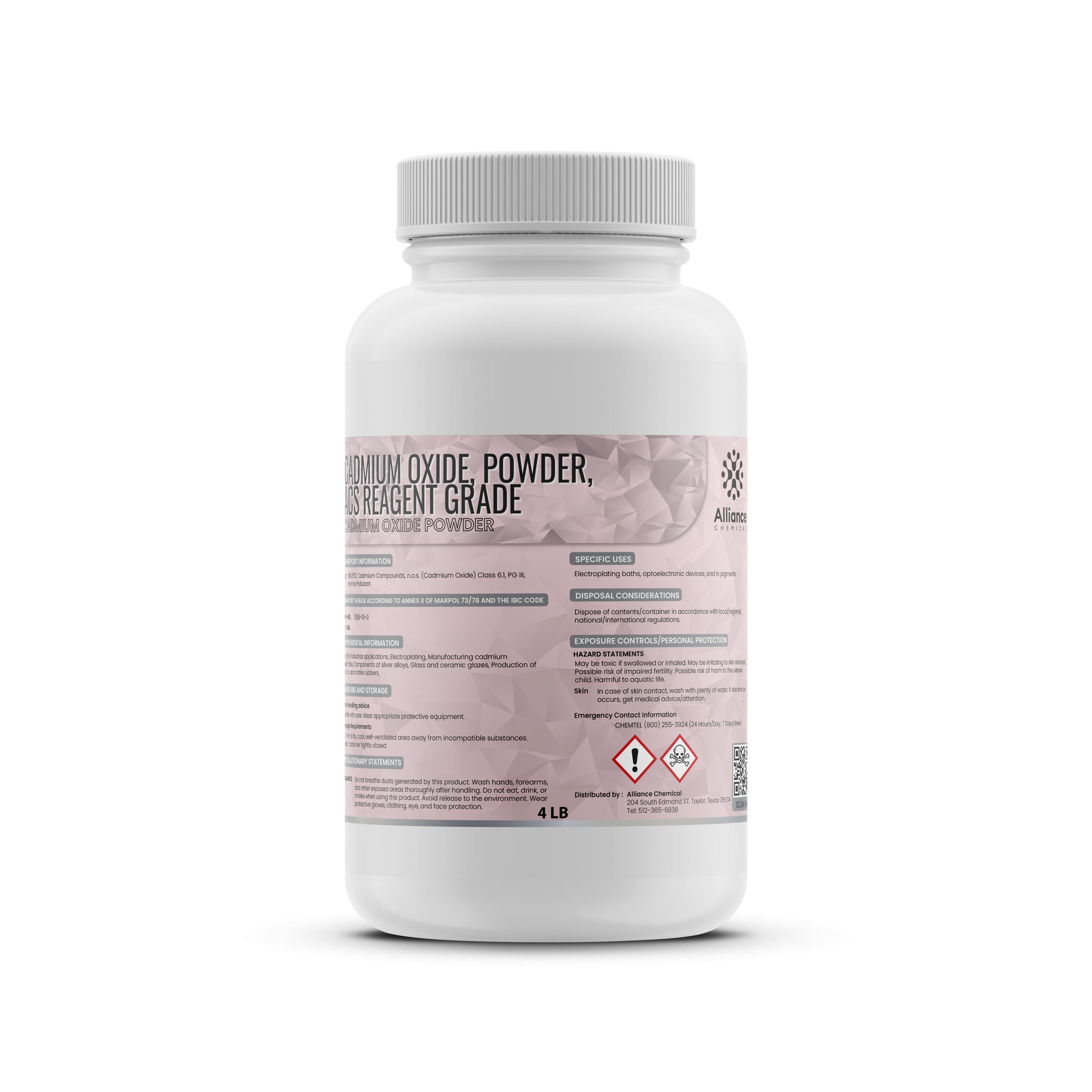 4 lb white HDPE bottle of Cadmium Oxide Powder, ACS Reagent Grade, with toxicity/environmental hazard symbols and safety labeling from Alliance Chemical.