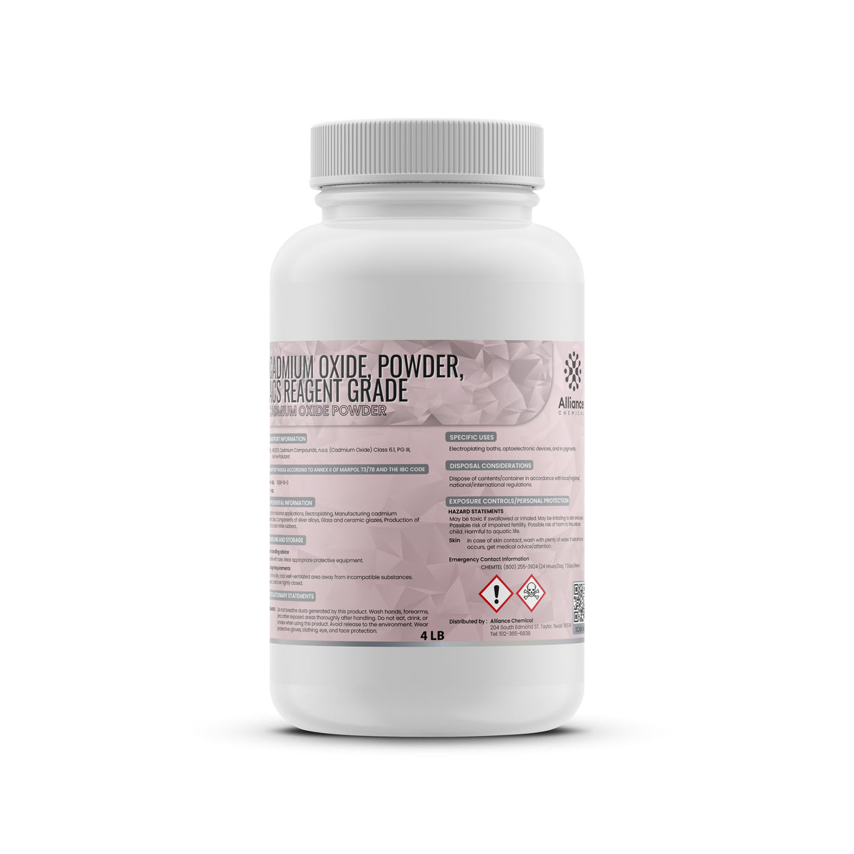 4 lb HDPE bottle of Alliance Chemical Cadmium Oxide Powder, ACS Reagent Grade, with toxicity/environmental hazard symbols