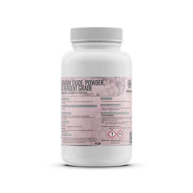 4 lb HDPE bottle of Alliance Chemical Cadmium Oxide Powder, ACS Reagent Grade, with toxicity/environmental hazard symbols