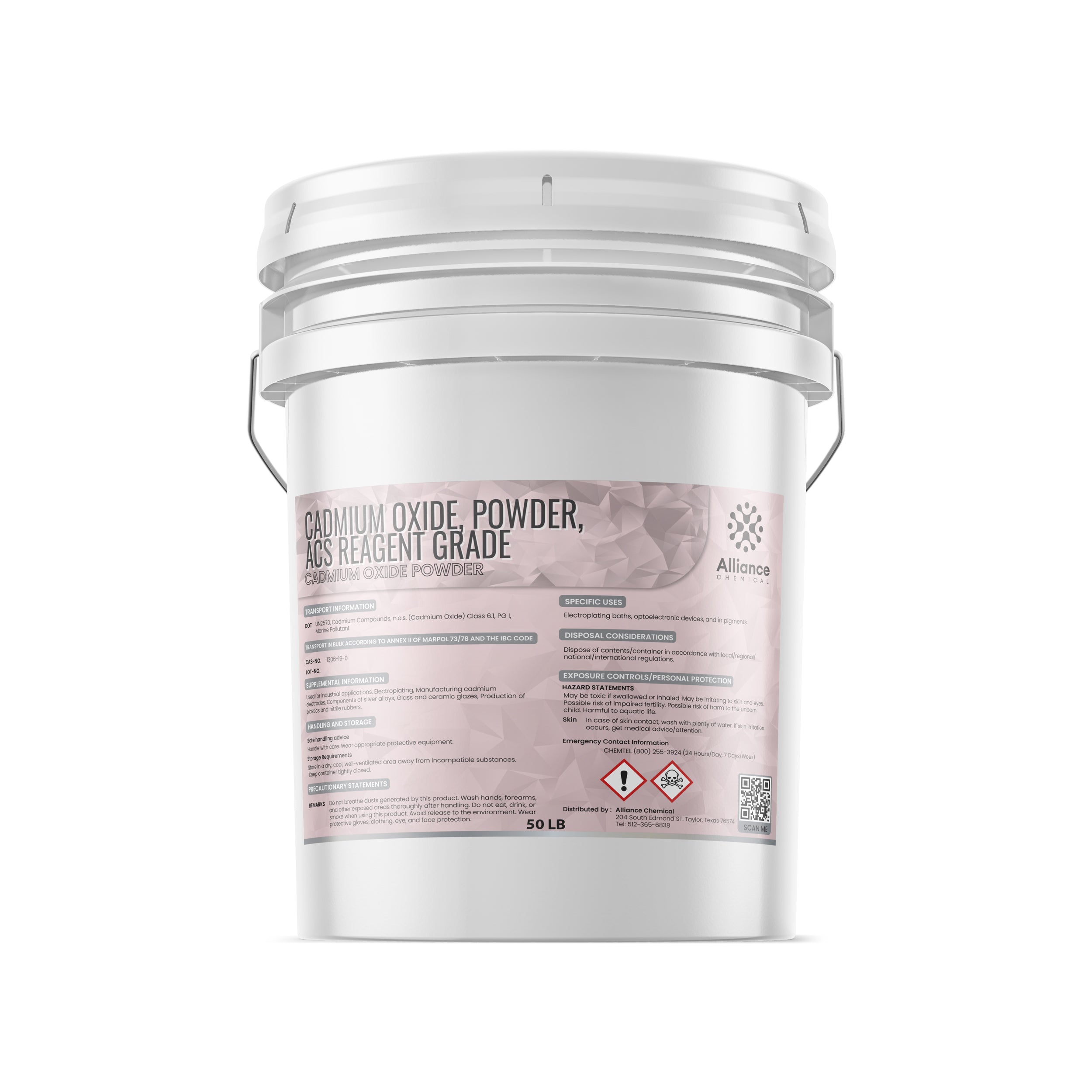 50 LB white industrial bucket of ACS reagent-grade Cadmium Oxide powder with GHS hazard pictograms, Alliance Chemical branding, and safety information label.